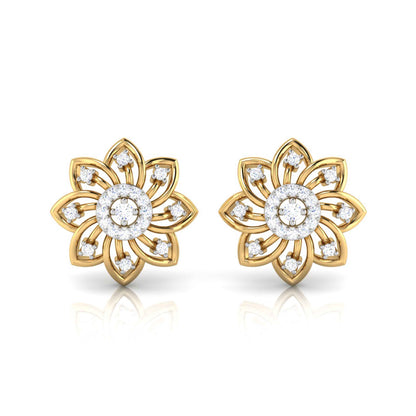 Gold flower-shaped earrings with diamond accents on a white background