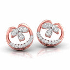 Rose gold earrings with diamond accents on a white background