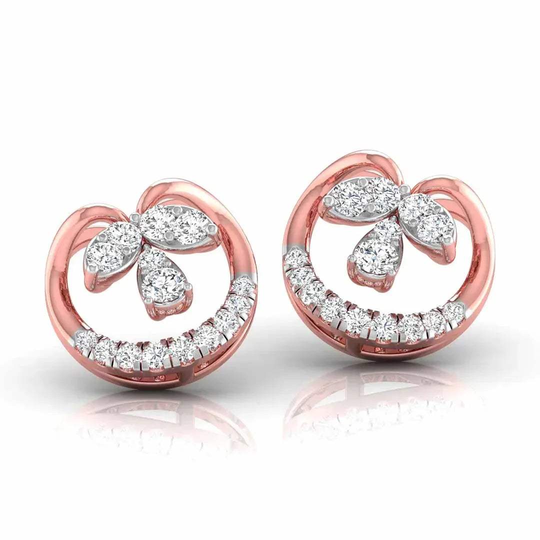 Rose gold earrings with diamond accents on a white background