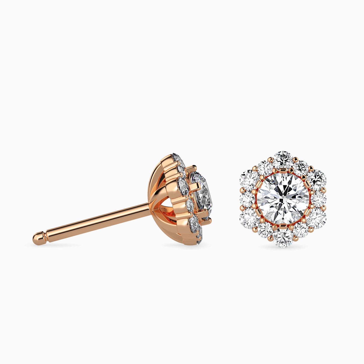 Rose gold diamond stud earring on a white background