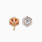Rose gold stud earrings with intricate designs on a white background