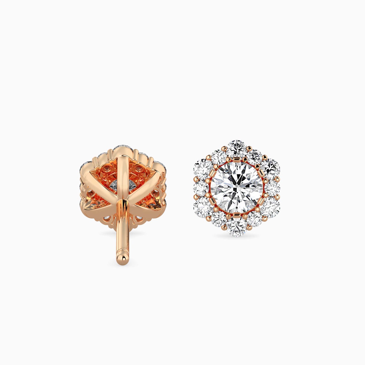 Rose gold stud earrings with intricate designs on a white background
