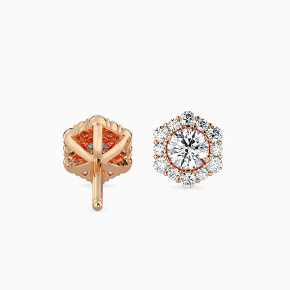 Rose gold stud earrings with intricate designs on a white background