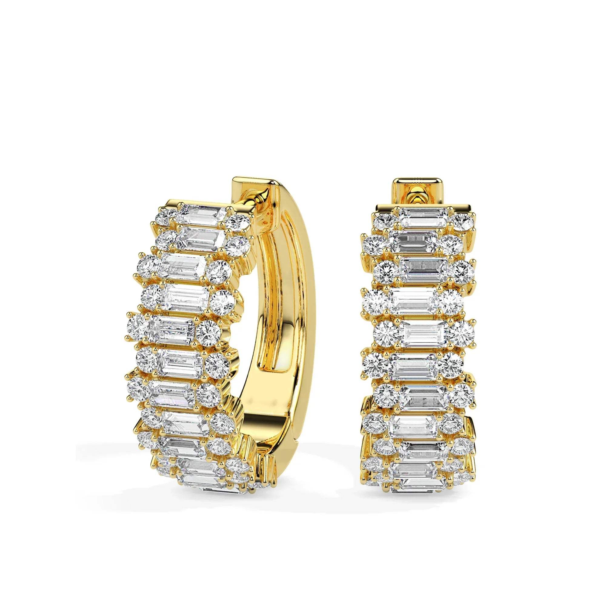 Gold hoop earrings with diamond accents on a white background