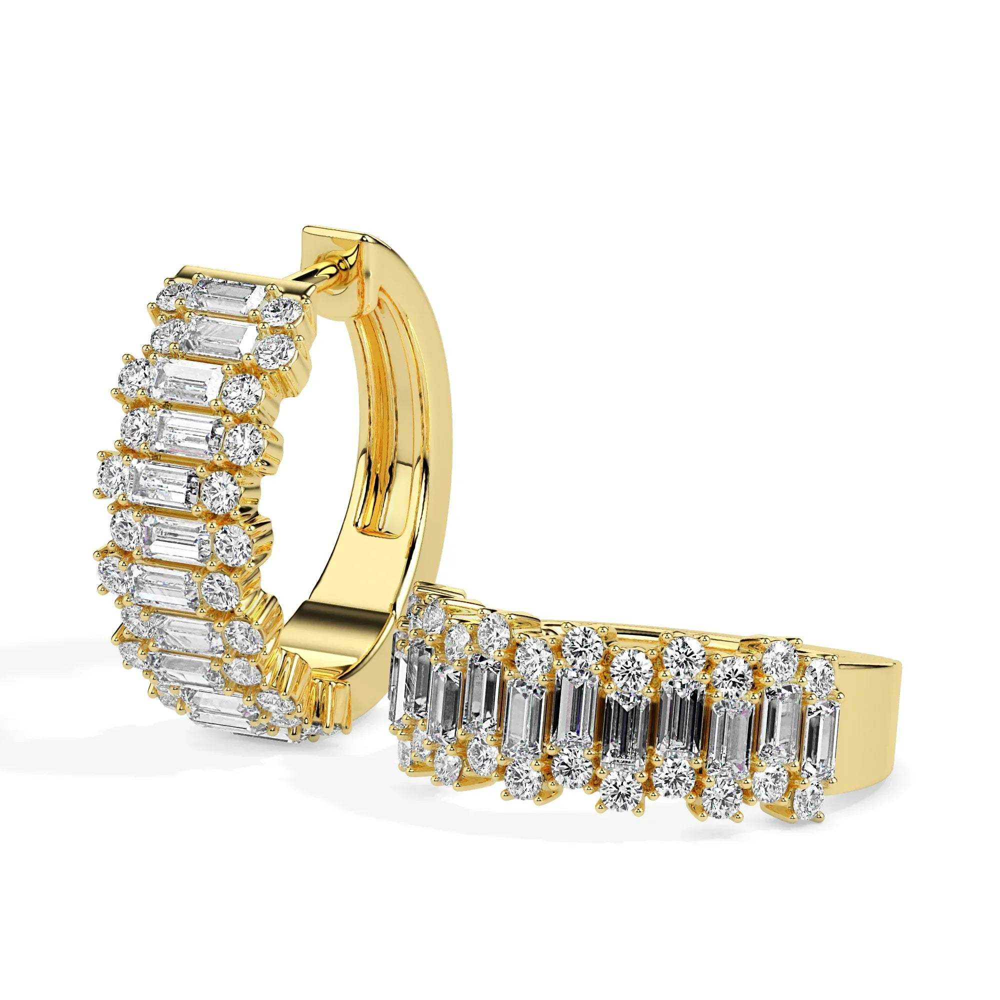 Gold hoop earrings with diamond accents on a white background