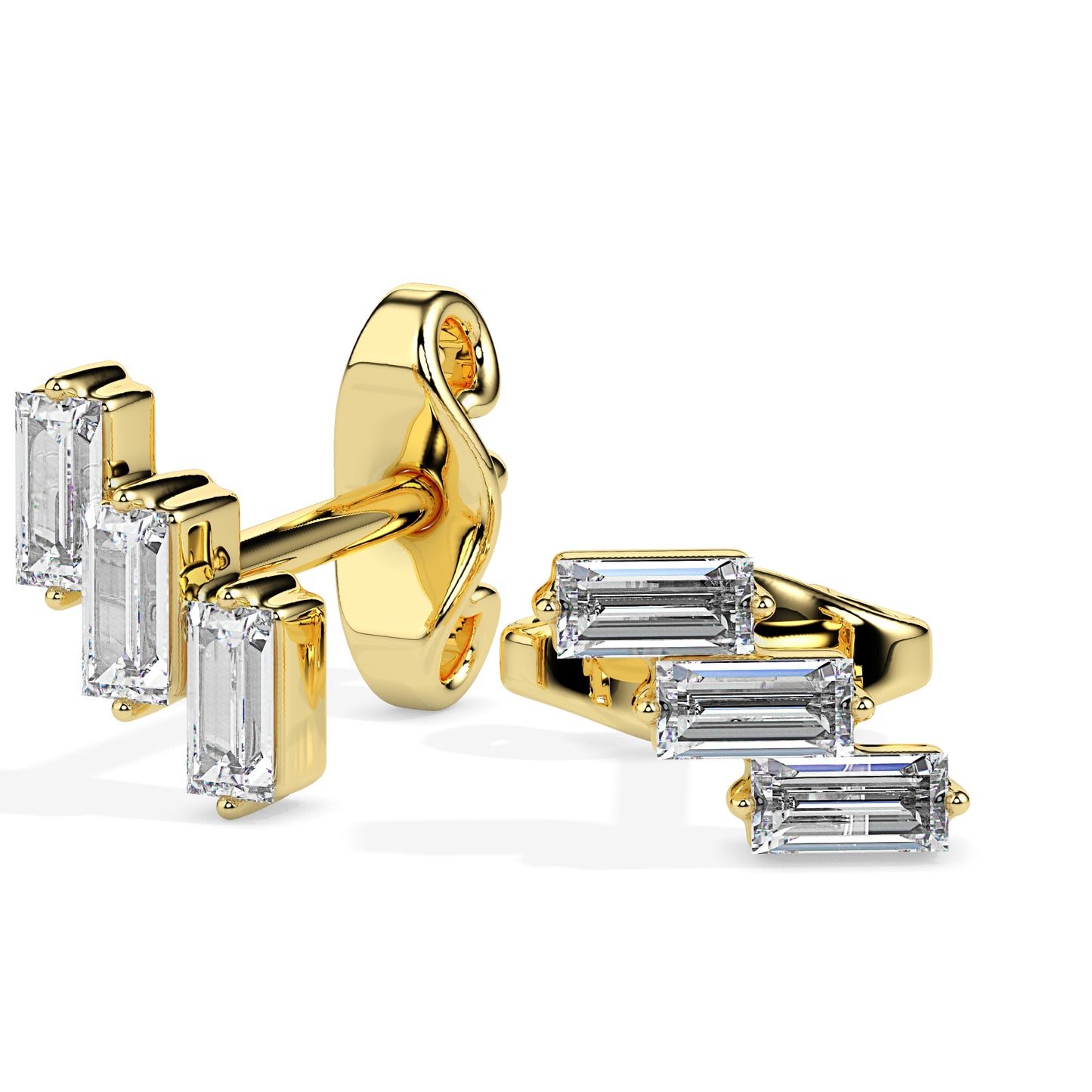 Gold earrings with baguette-cut diamonds on a white background.