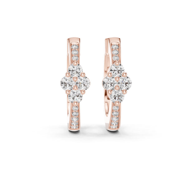 Rose gold earrings with real diamond accents on a white background