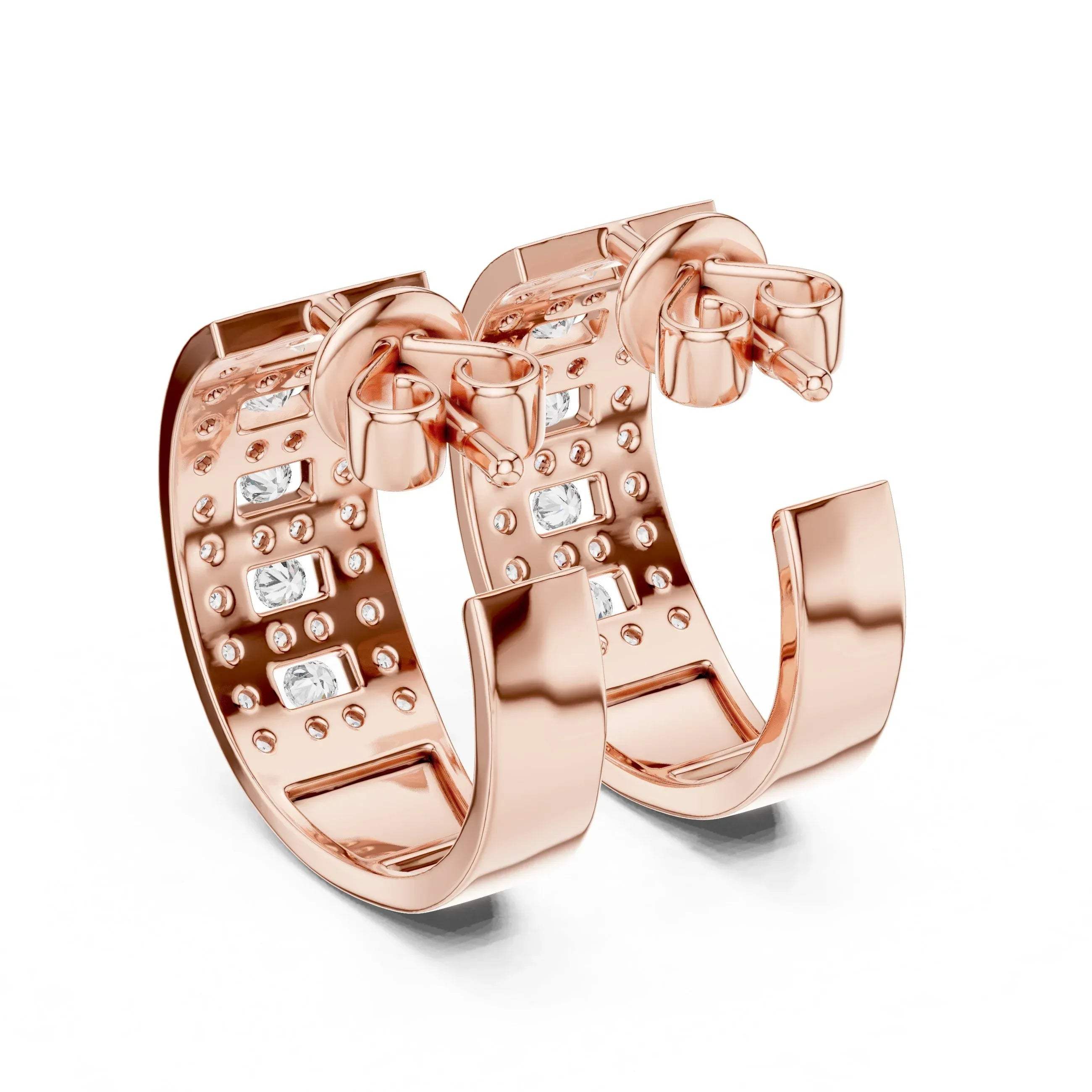 Rose gold hoop earrings with real diamond accents on a white background