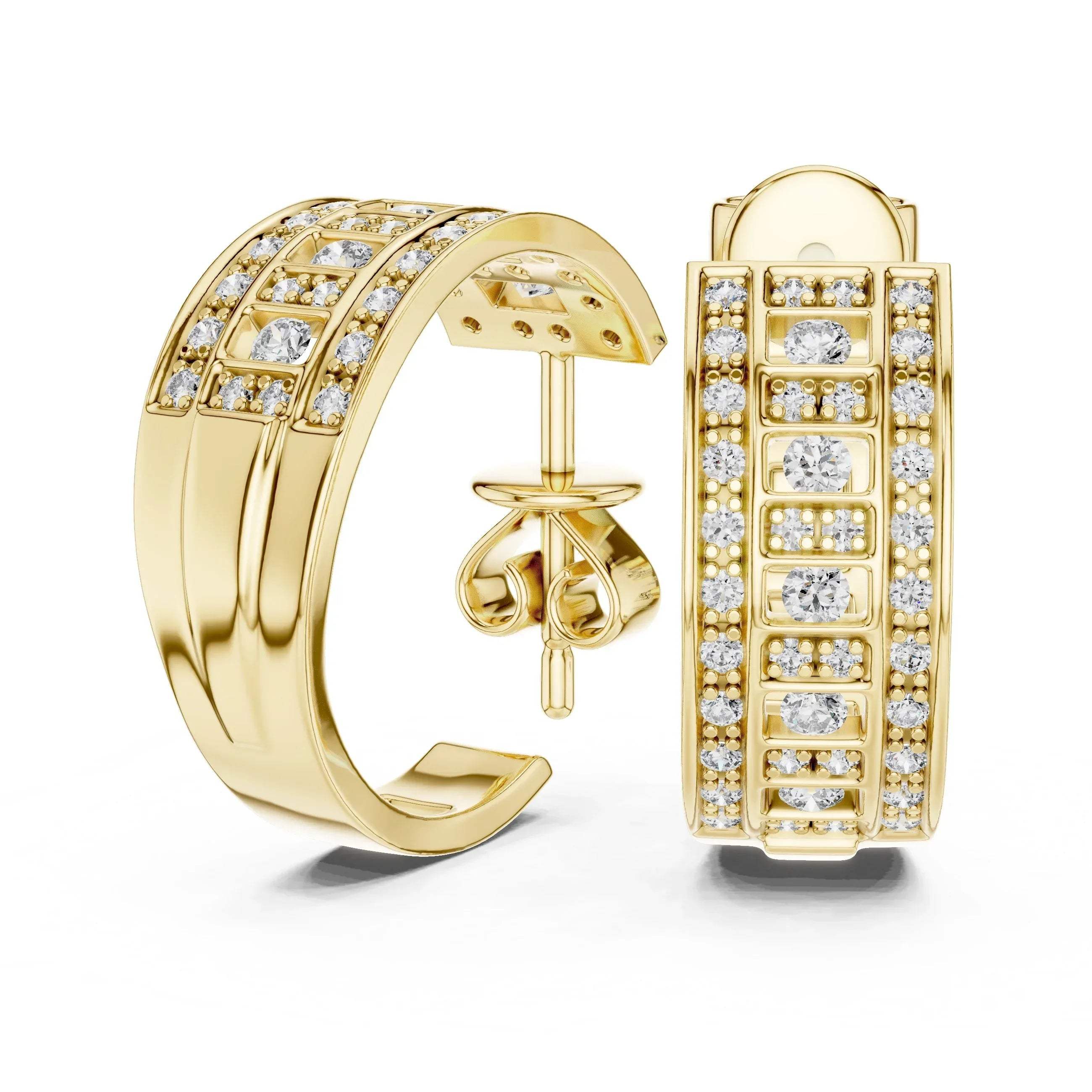 Yellow gold hoop earrings with real diamond accents on a white background