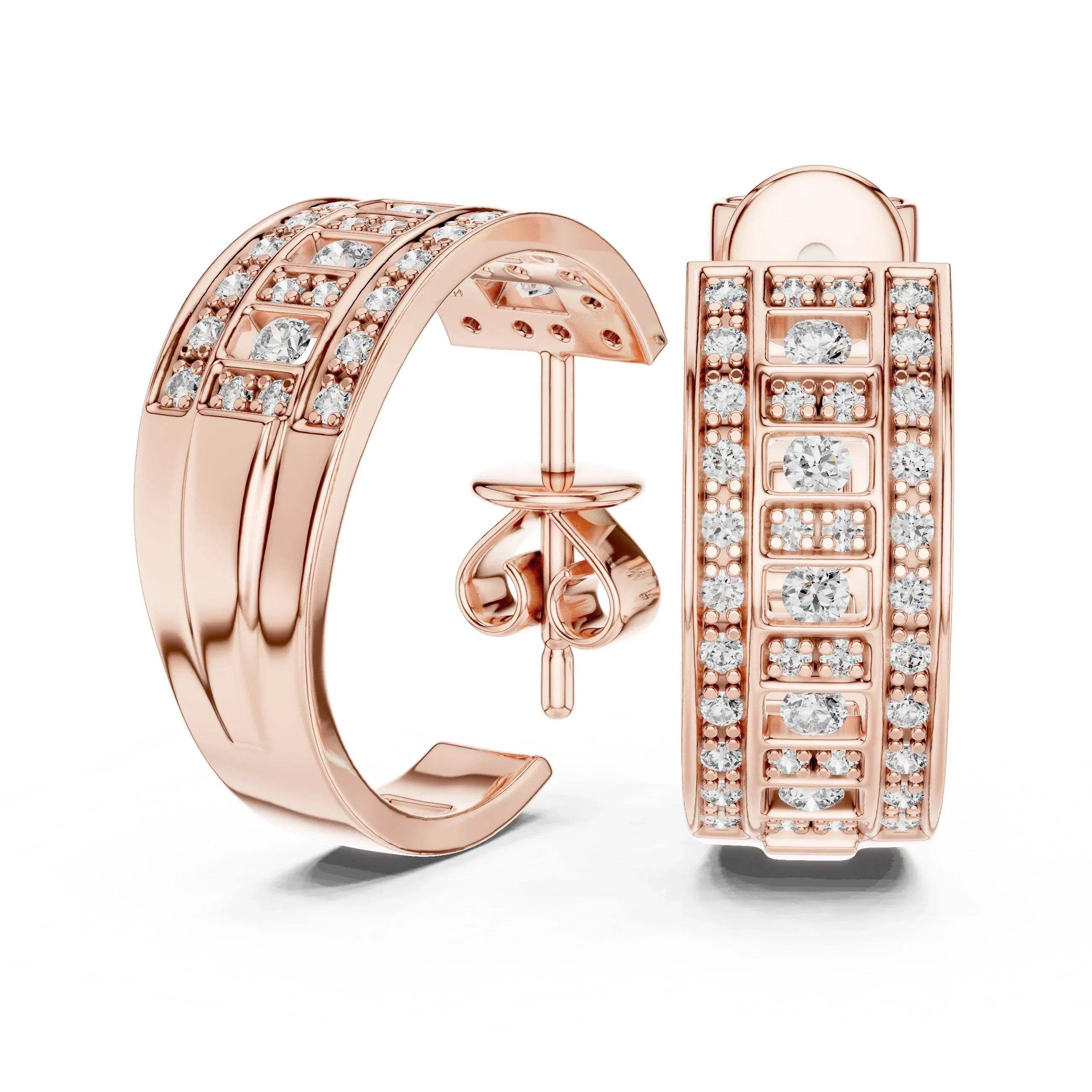 Rose gold hoop earrings with real diamond accents on a white background