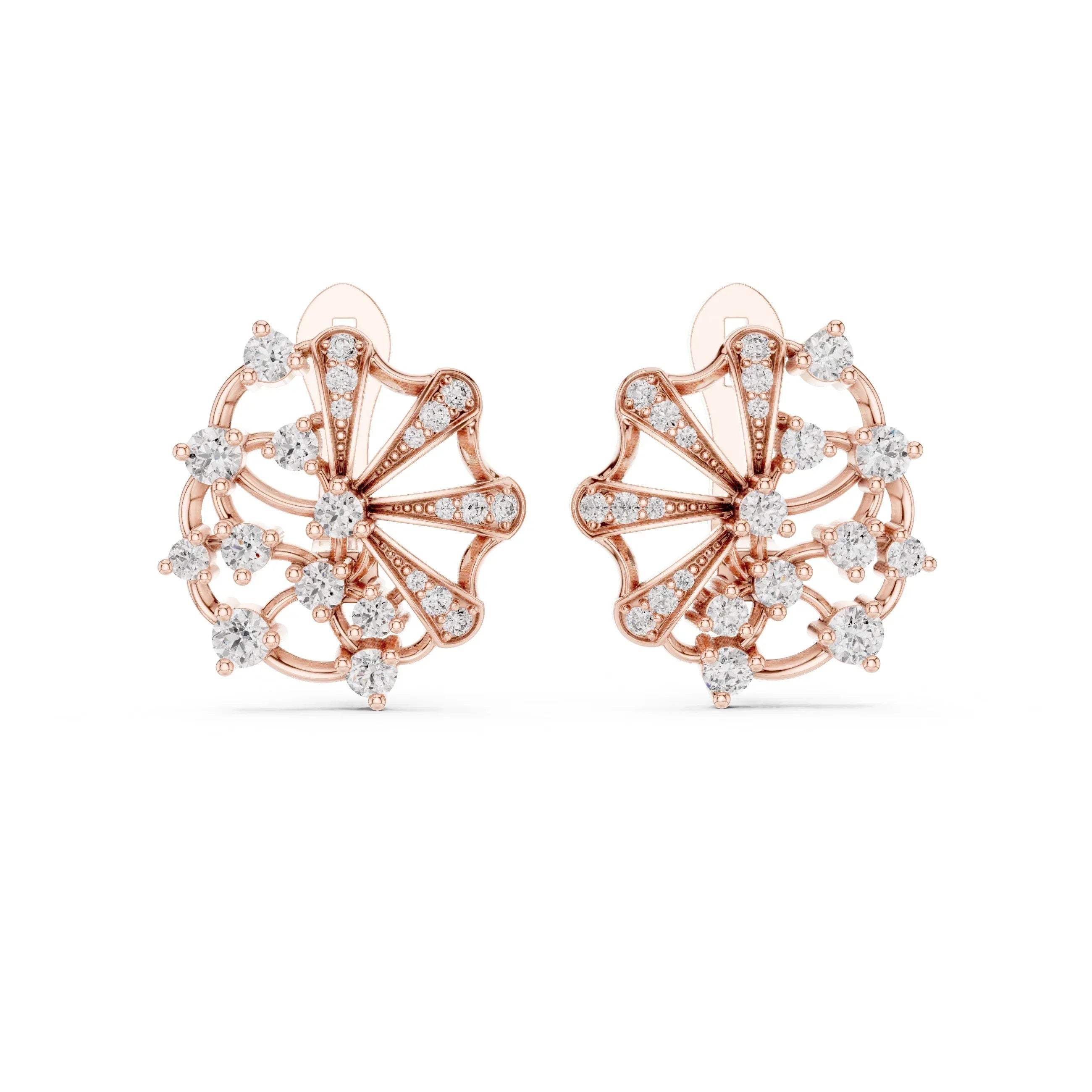 Rose gold earrings with real diamond accents on a white background