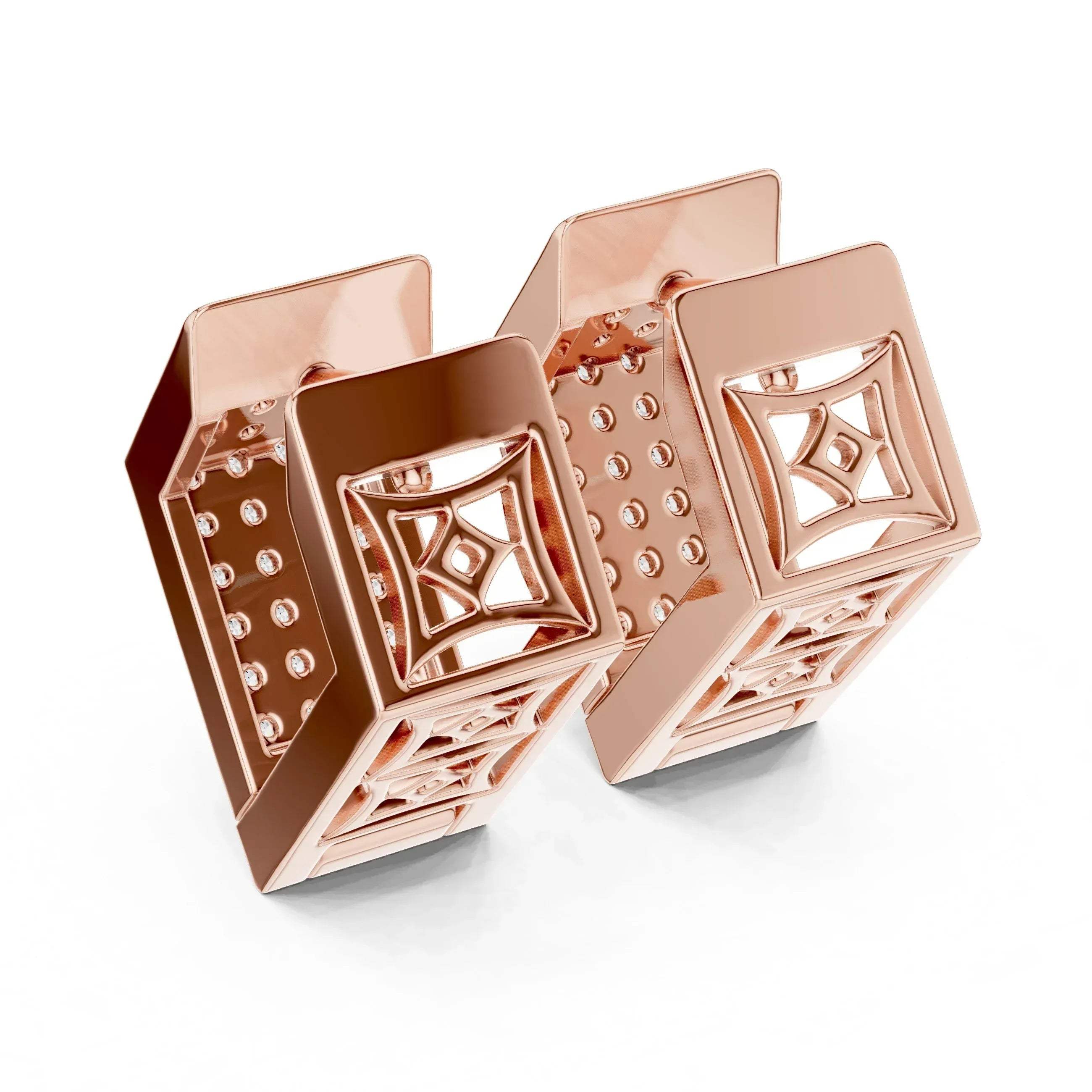 Rose gold geometric earrings with real diamonds on a white background