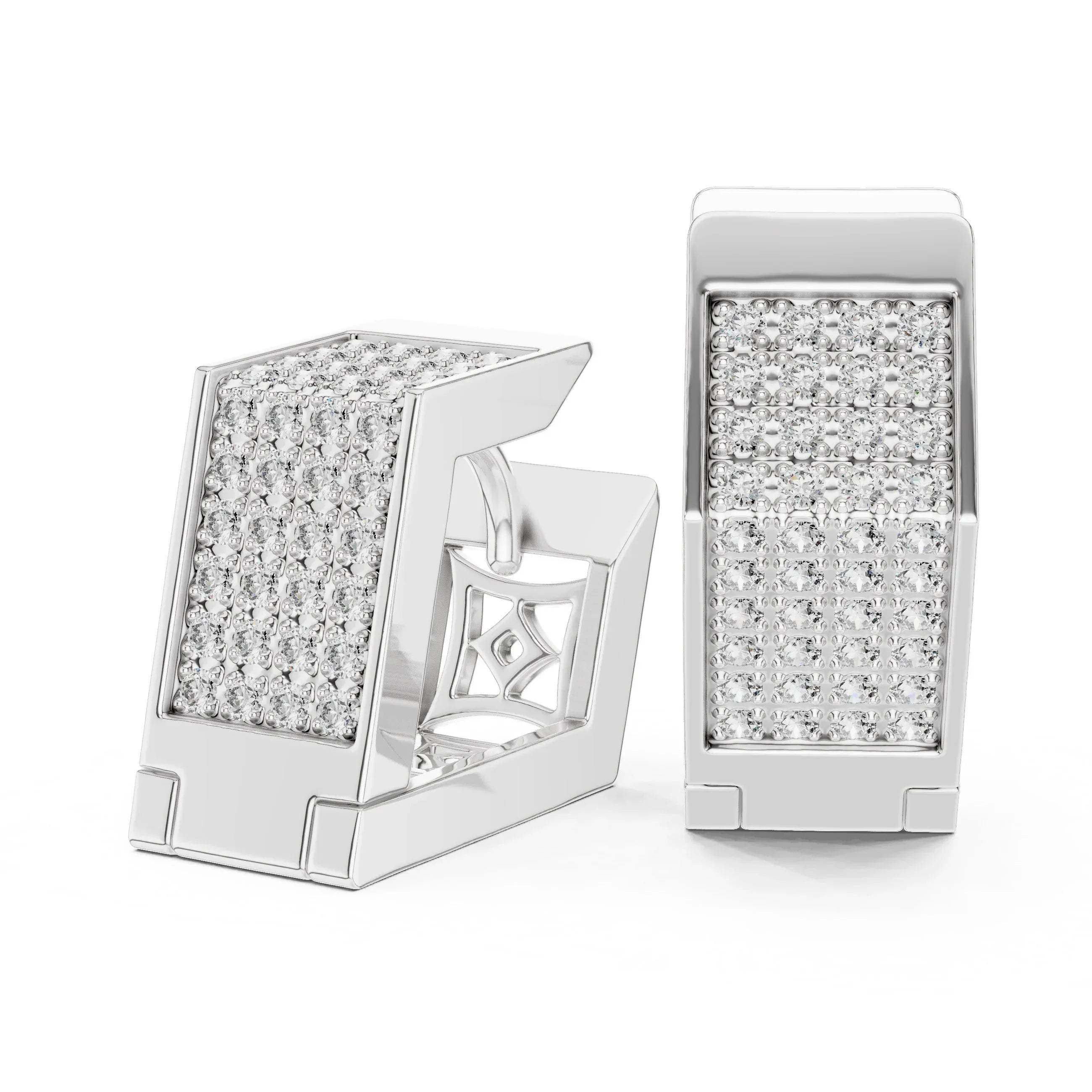 Pair of white gold earrings with real diamonds on a white background