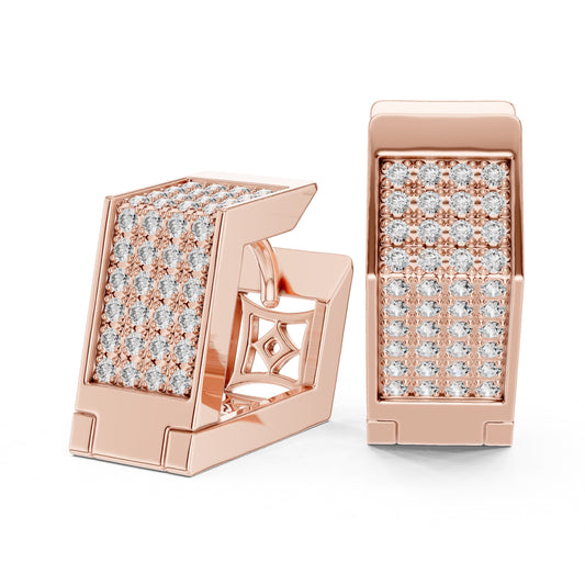 Rose gold earrings with real diamond accents on a white background