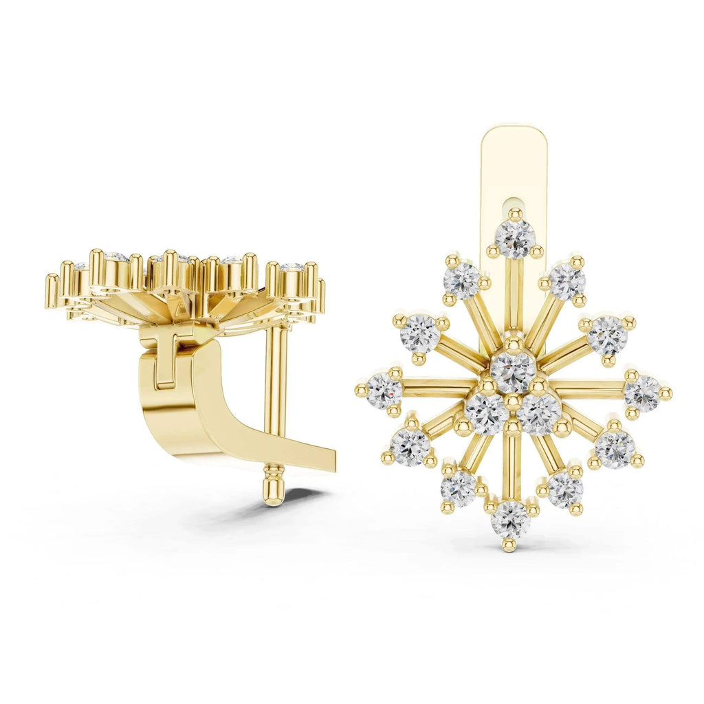 Yellow gold snowflake-shaped earring with diamond accents on a white background