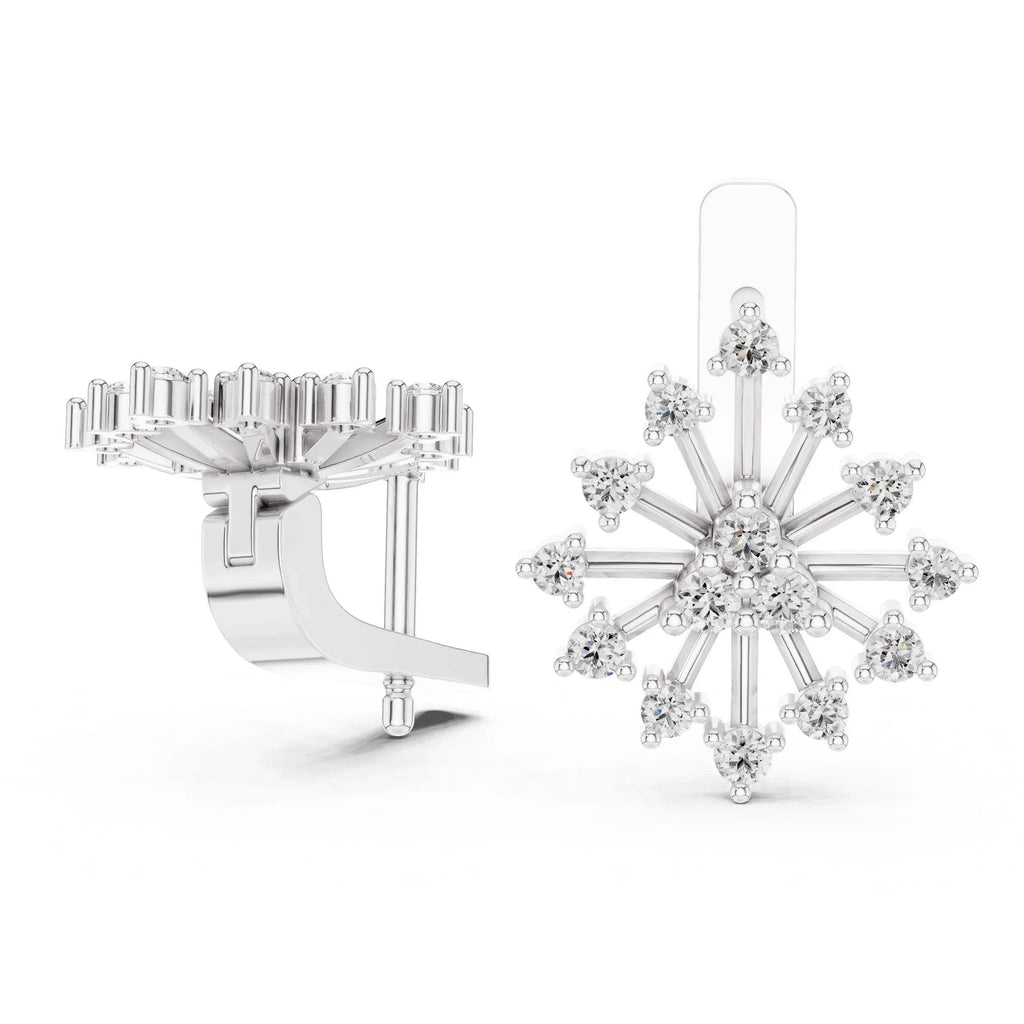 White gold and diamond snowflake earring on a white background