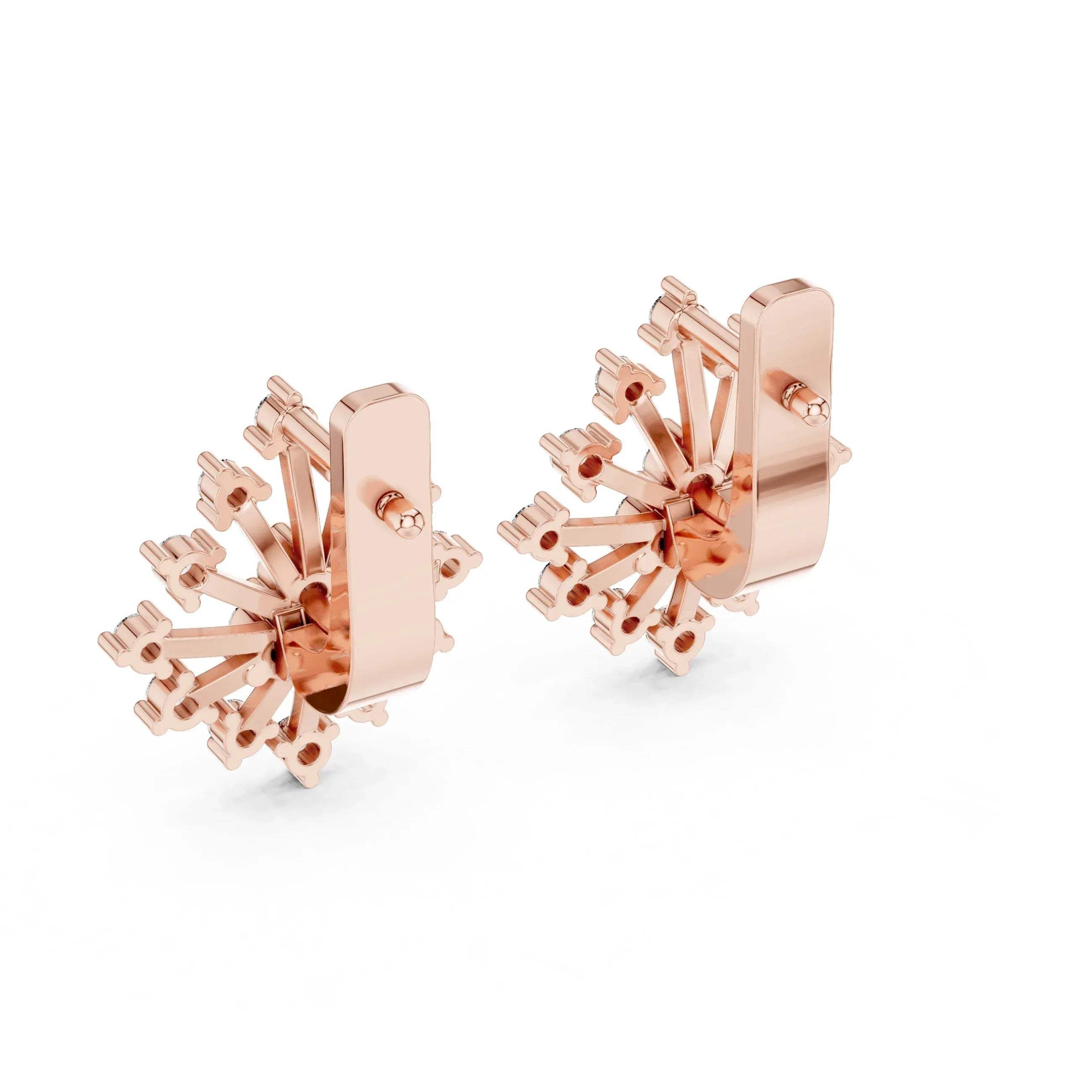 Rose gold and real diamond earrings on a white background.