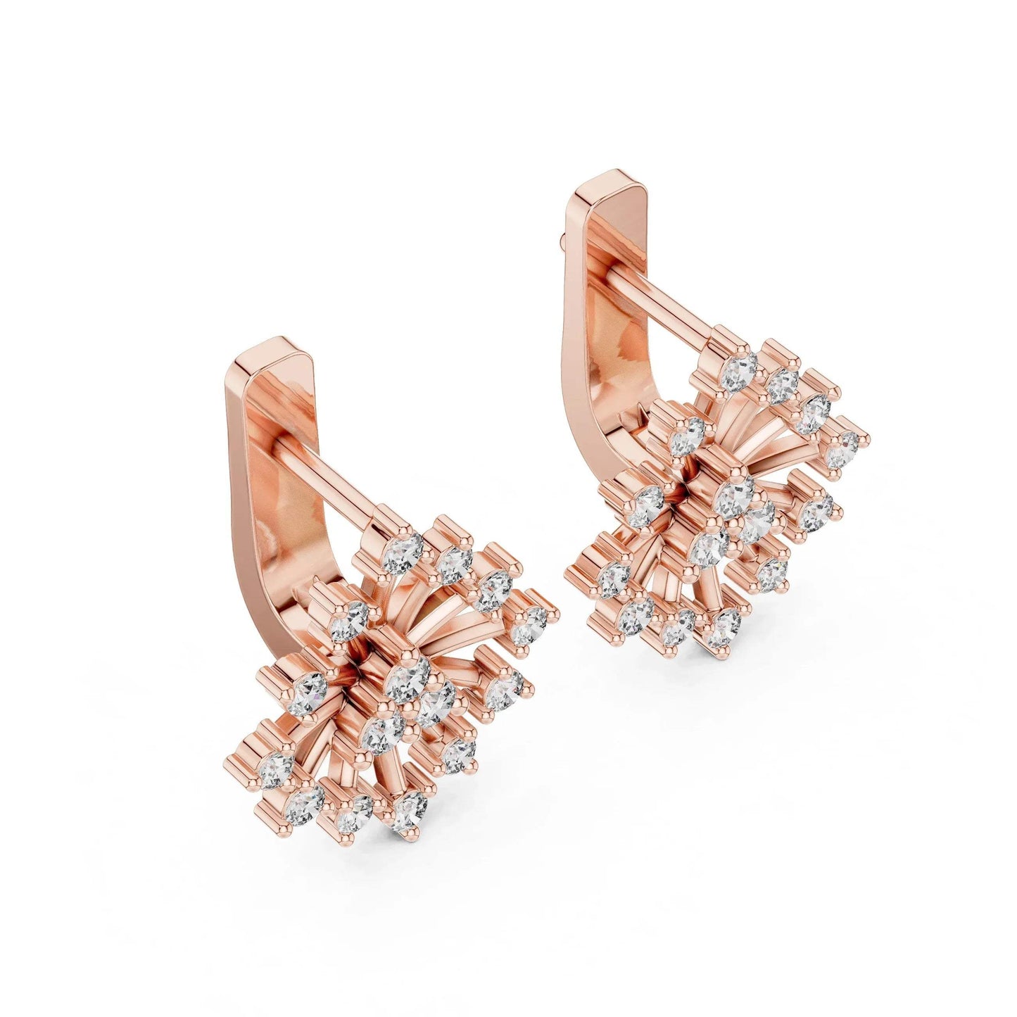 Rose gold earrings with diamond accents on a white background