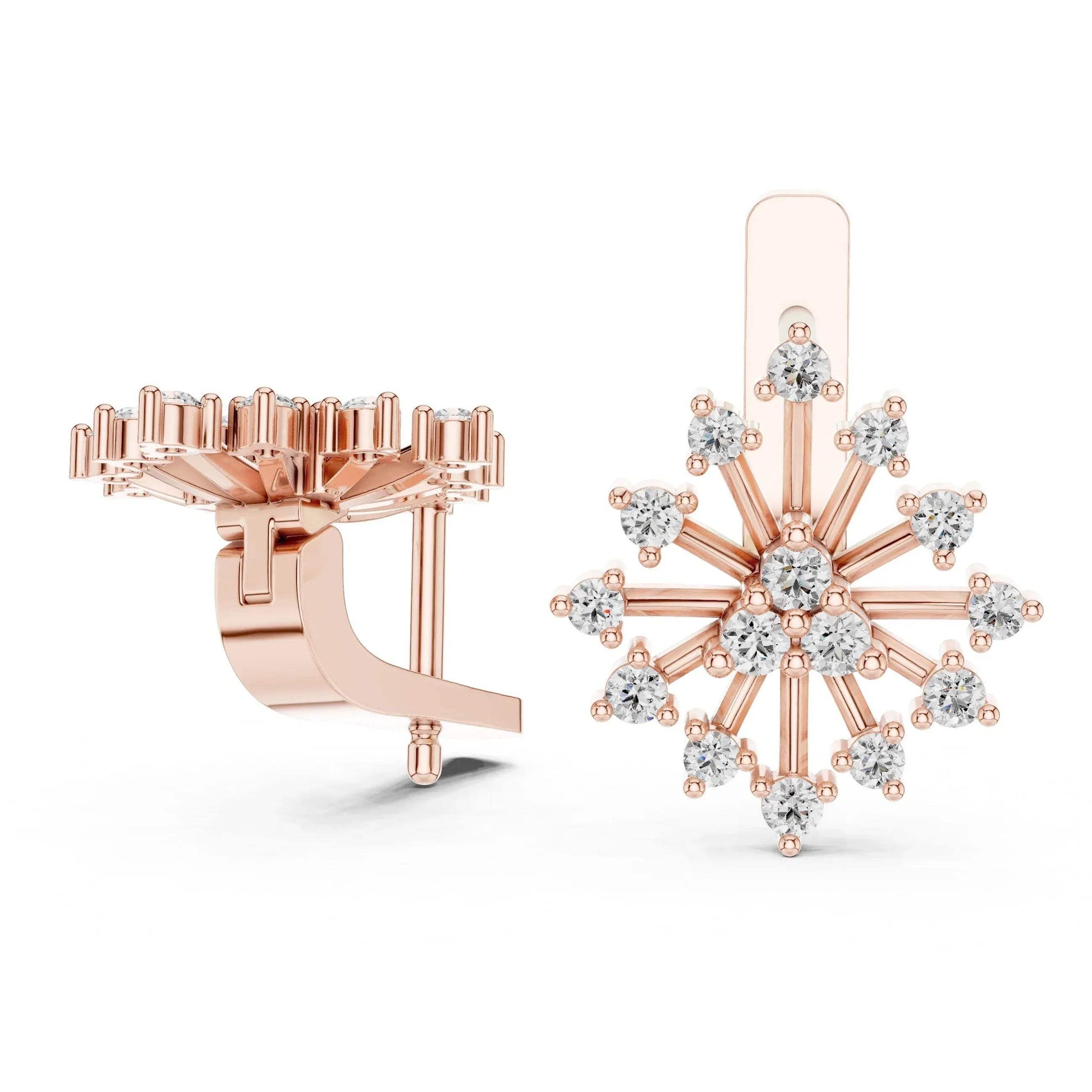 Rose gold snowflake-shaped earring with clear real diamonds on a white background