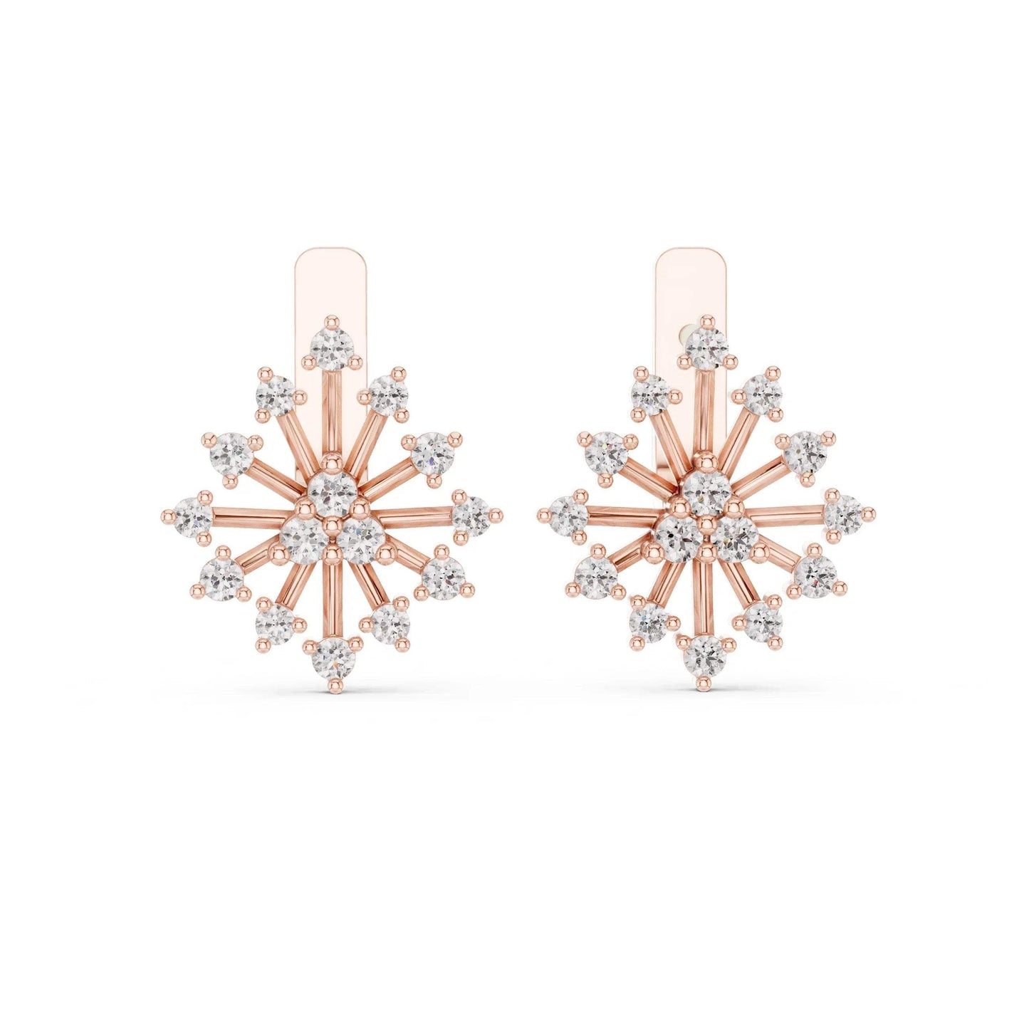Rose gold and diamond snowflake earrings on a white background