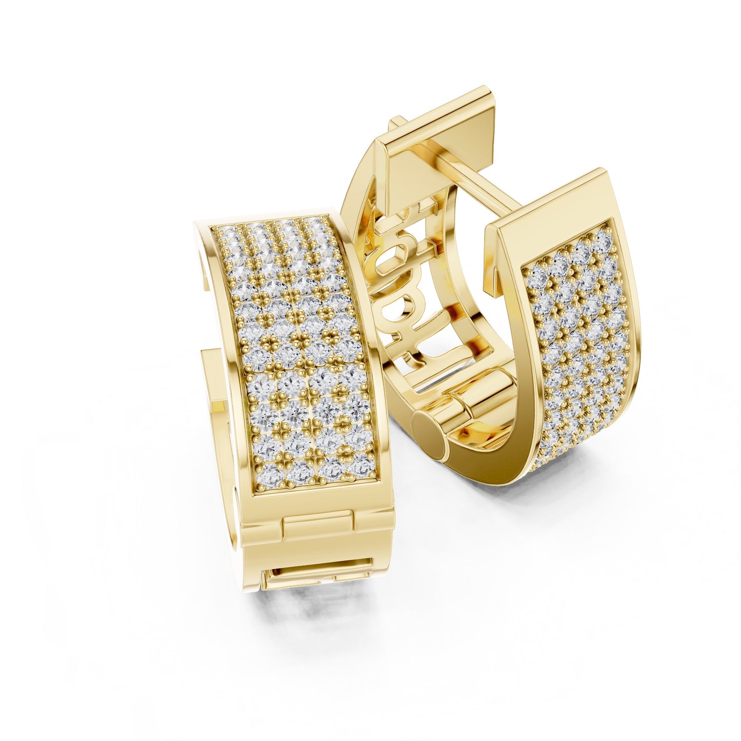 Yellow gold hoop earrings with real diamond accents on a white background.