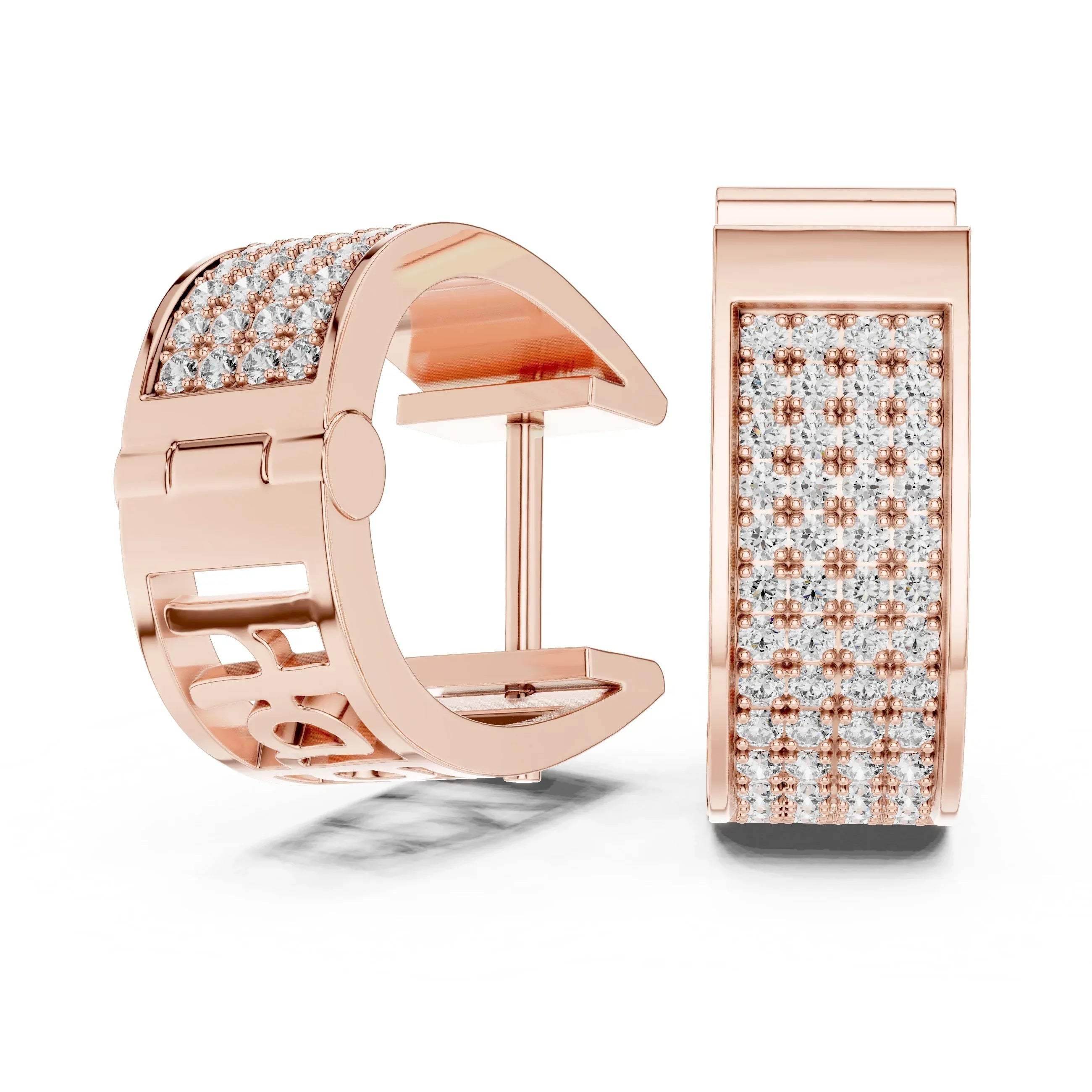 Rose gold hoop earrings with real diamond accents on a white background