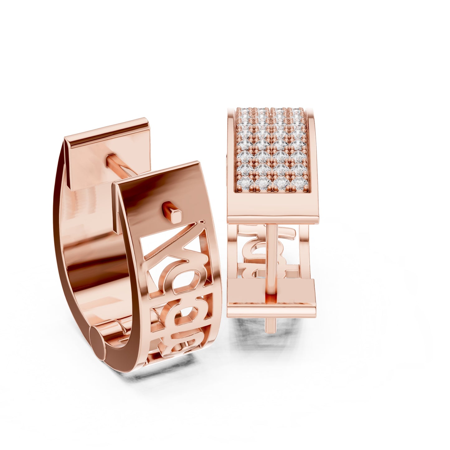 Rose gold hoop earrings with real diamond and intricate designs on a white background