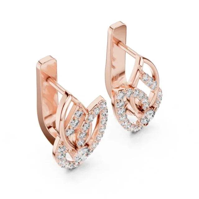 Rose gold earrings with real diamond accents on a white background