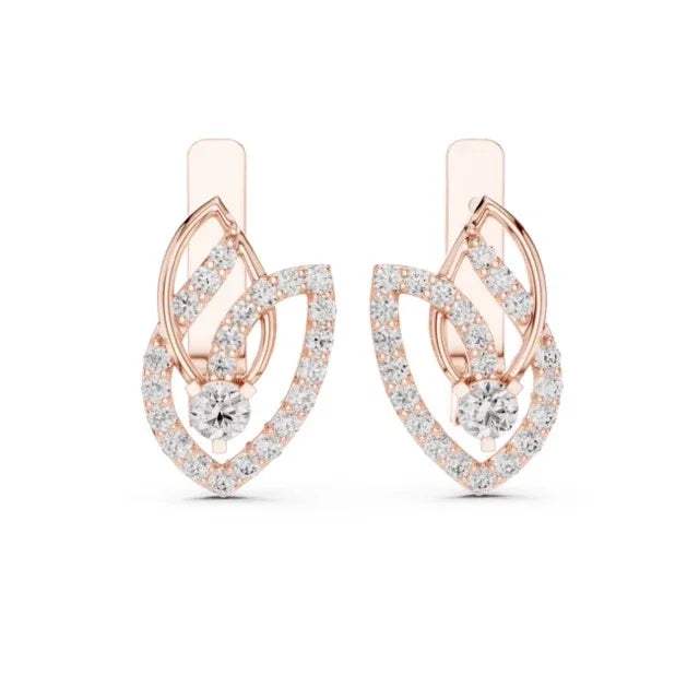 Rose gold earrings with real diamond accents on a white background