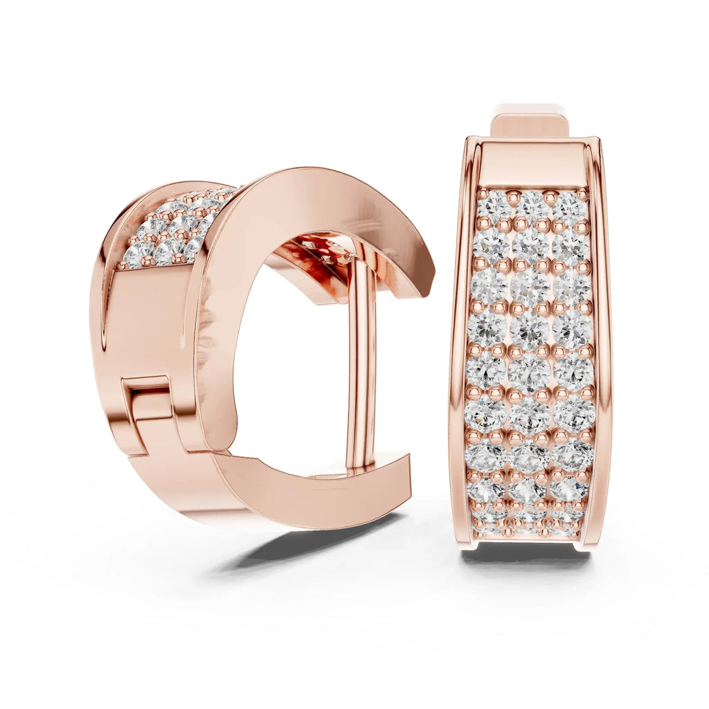 Rose gold hoop earrings with real diamond accents on a white background