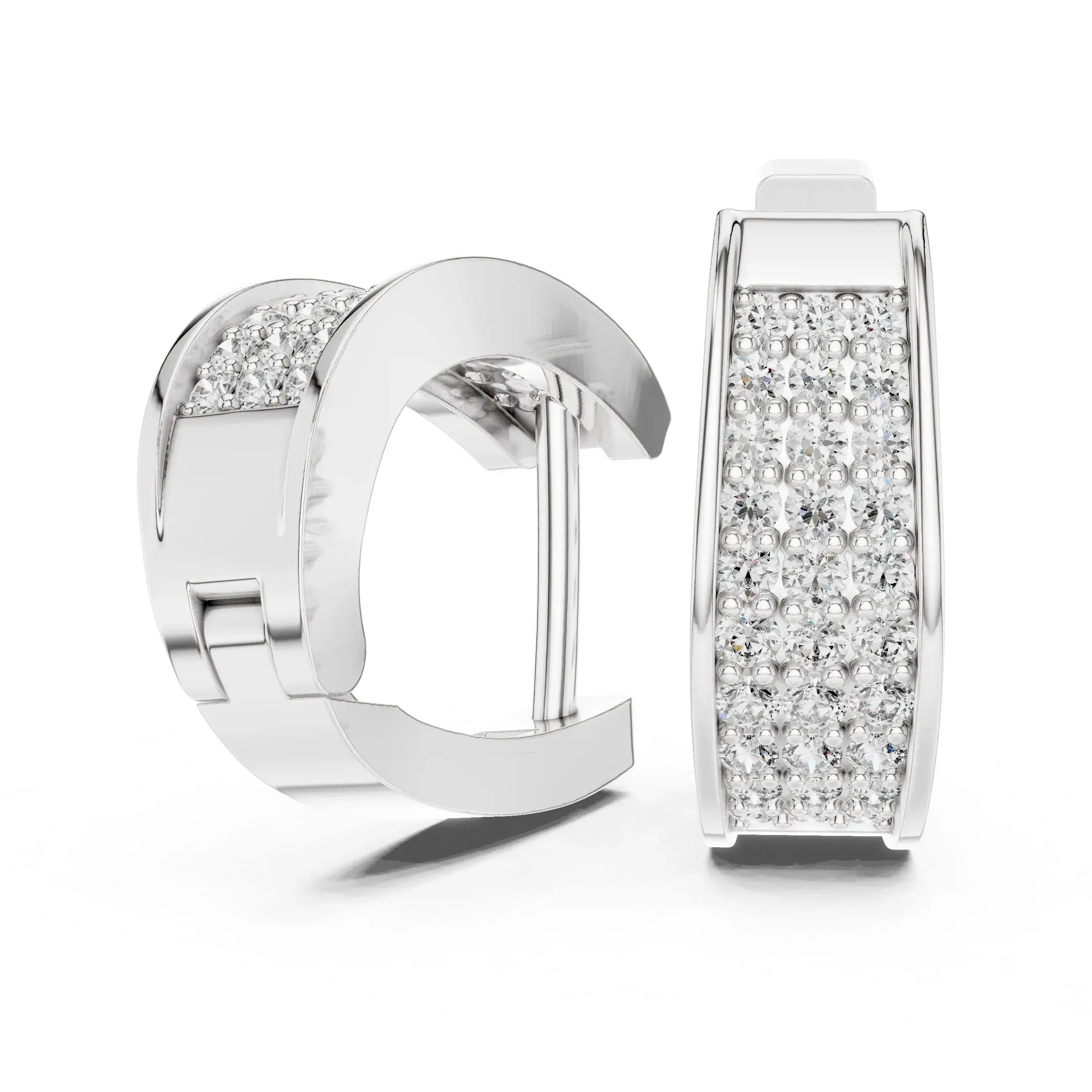 White gold hoop earrings with clear real diamonds on a white background