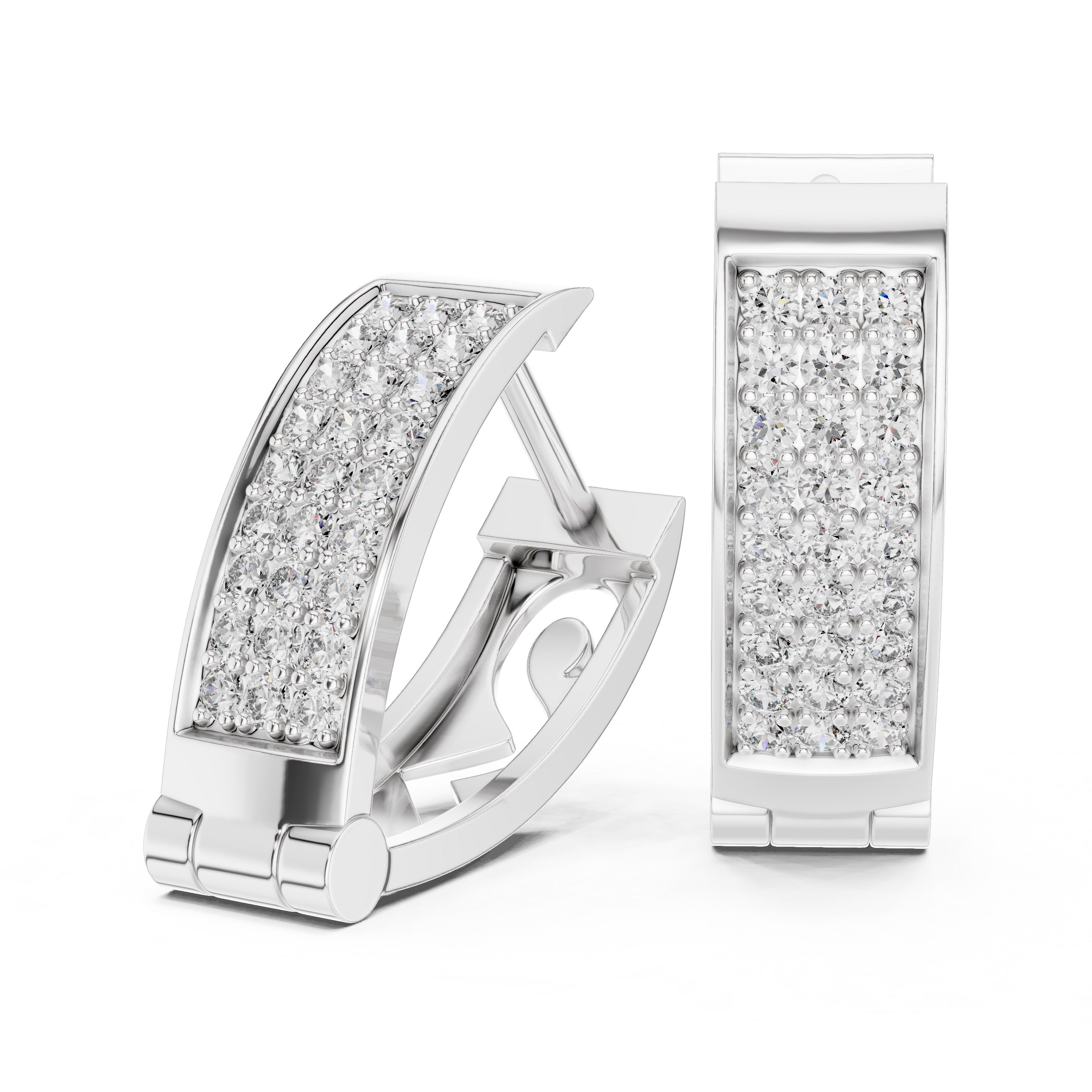 White gold earrings with diamonds inlay and packaging on a white background