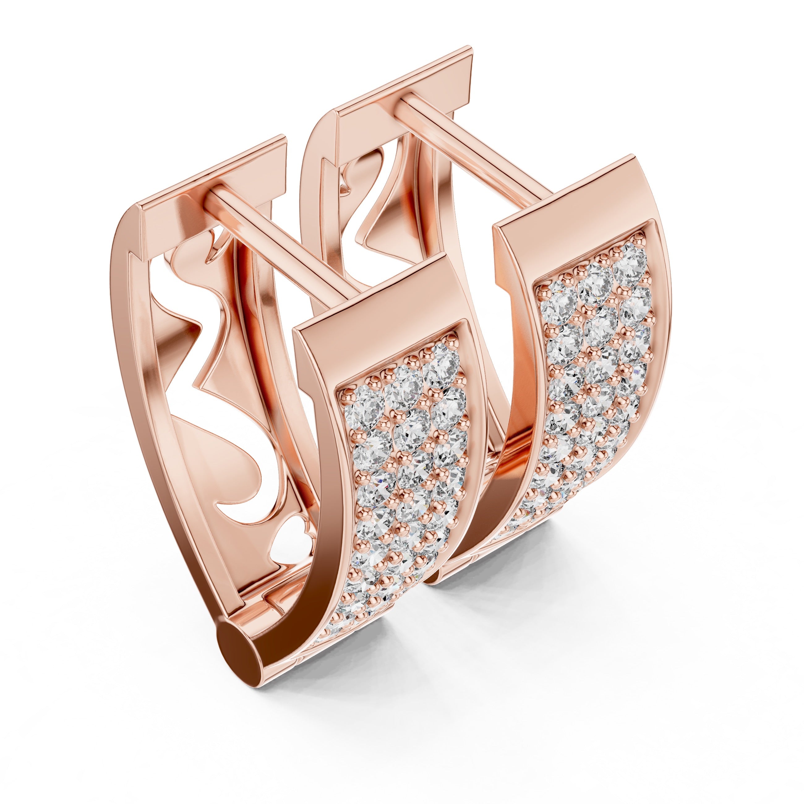 Rose gold earrings with diamond accents on a white background