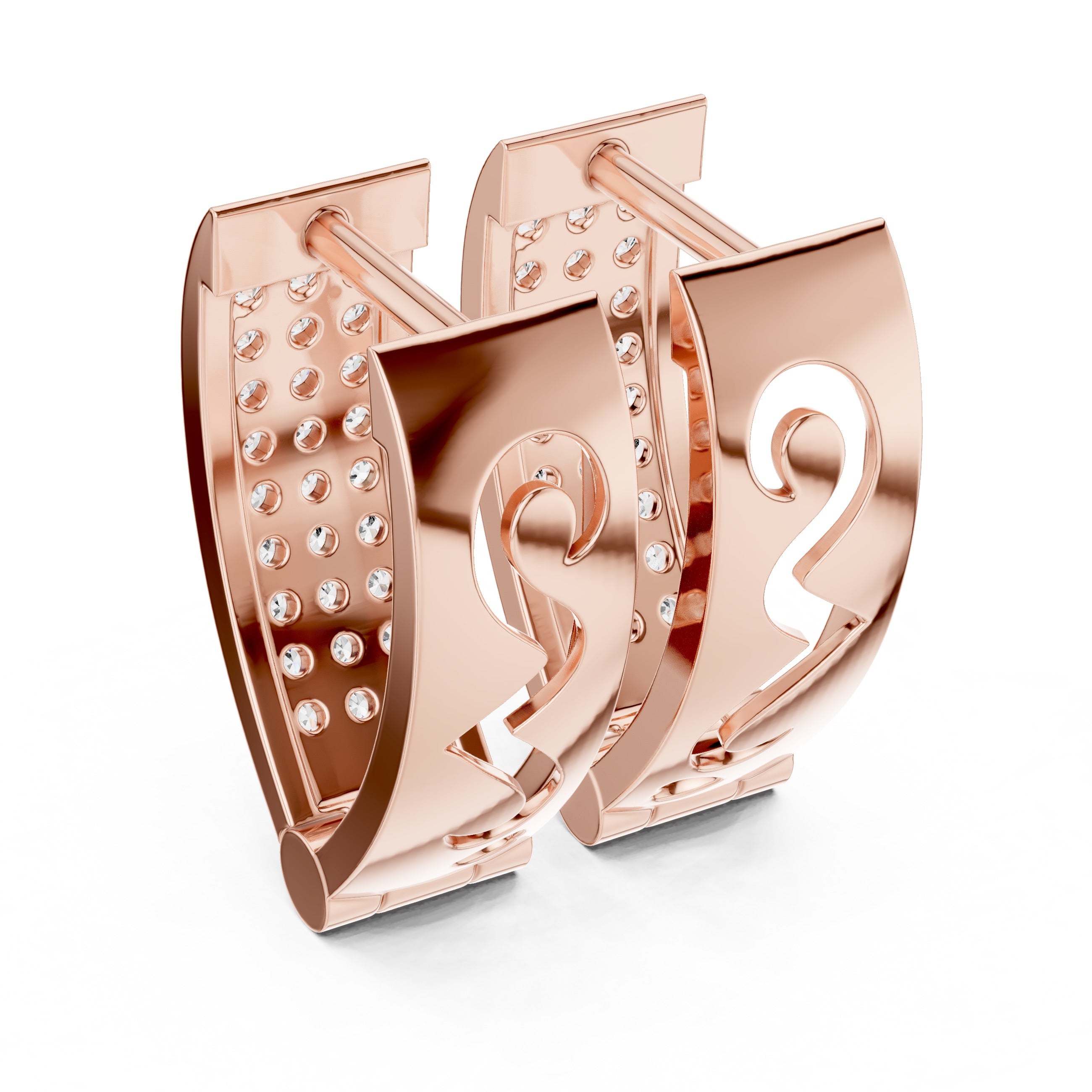Rose gold hoop earrings with intricate designs on a white background