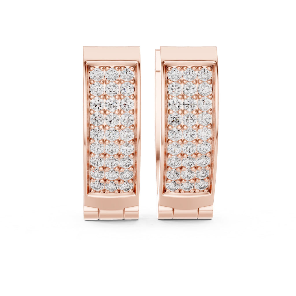Rose gold hoop earrings with diamond accents on a white background