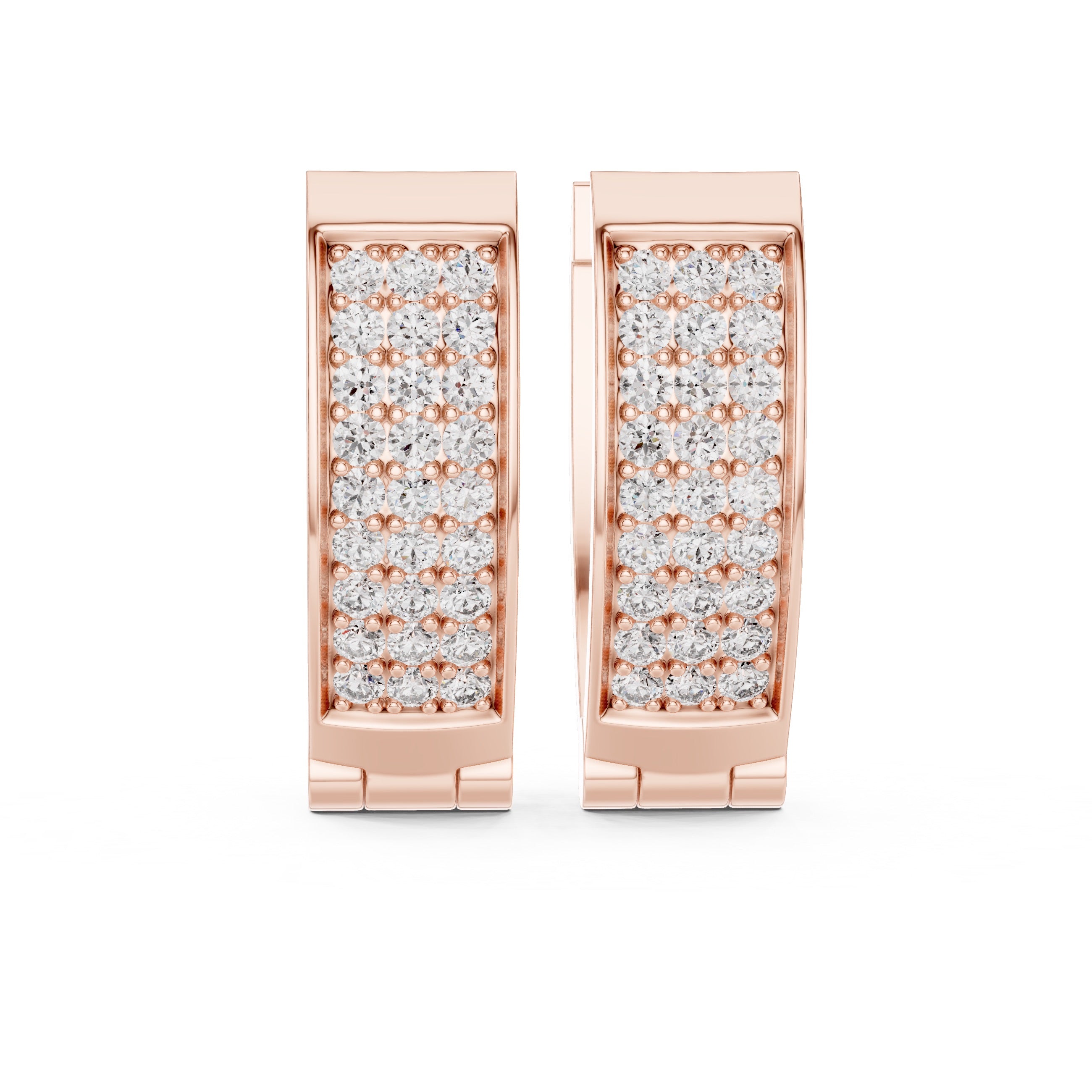 Rose gold hoop earrings with diamond accents on a white background