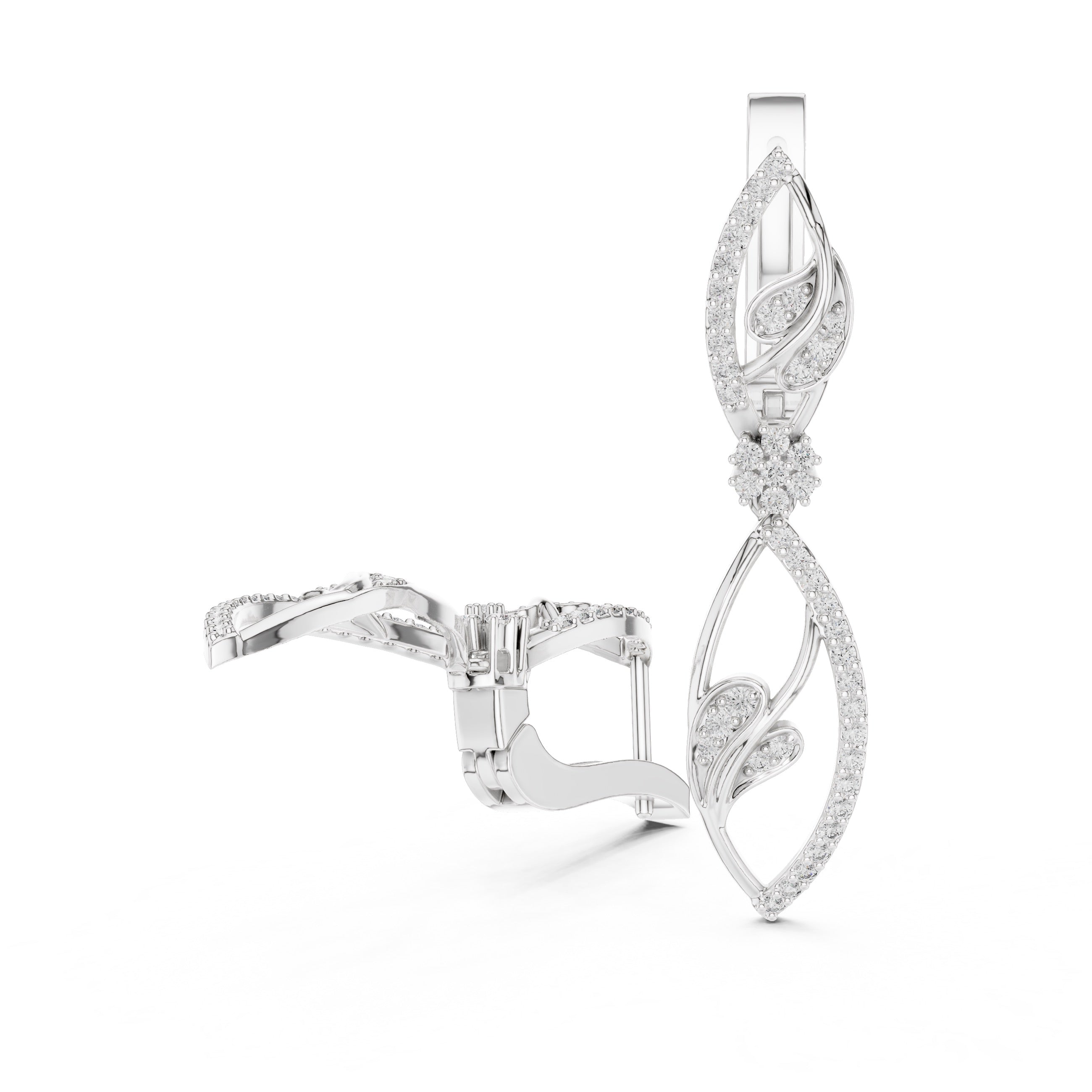 White gold earrings with diamond accents on a white background