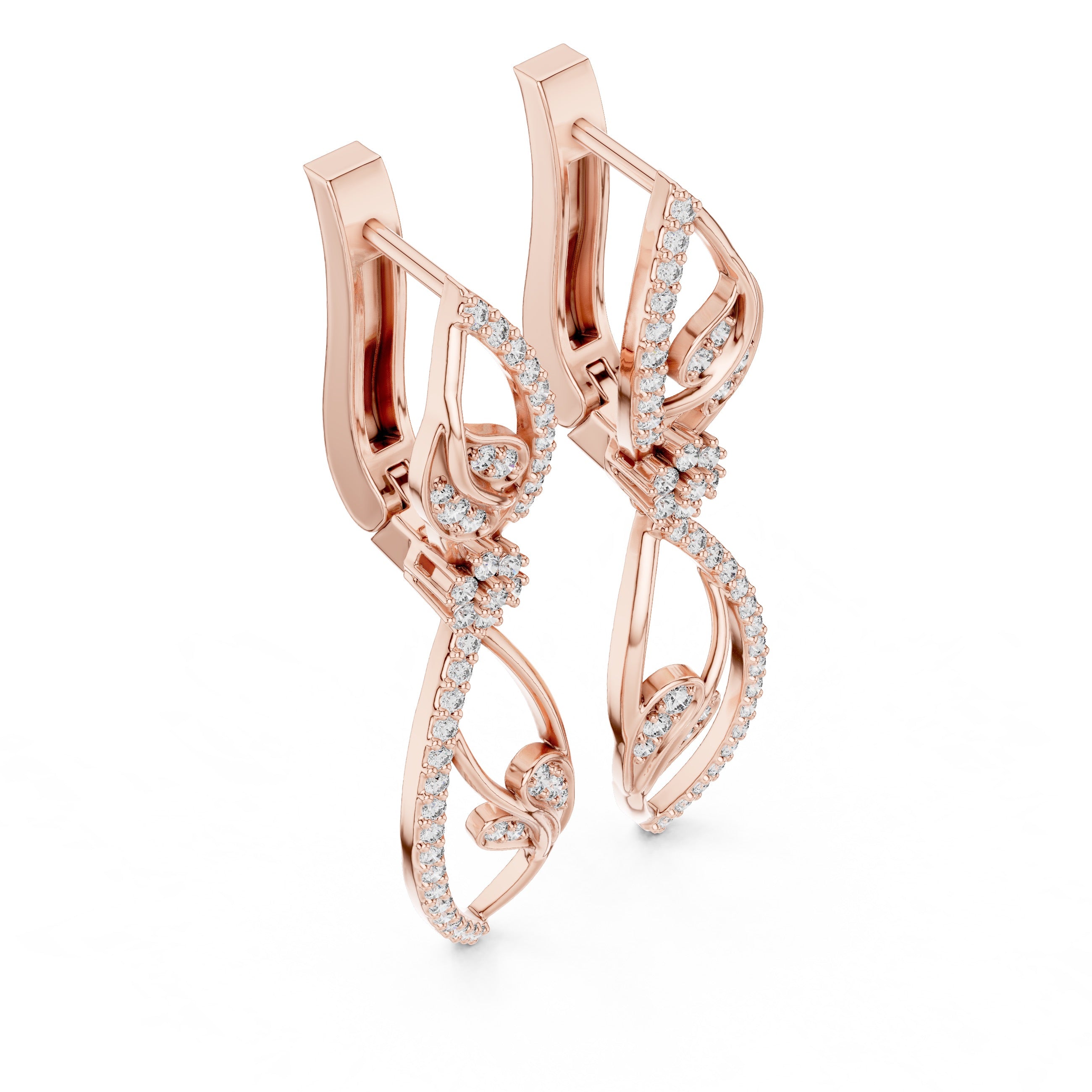 Rose gold earrings with diamond accents on a white background