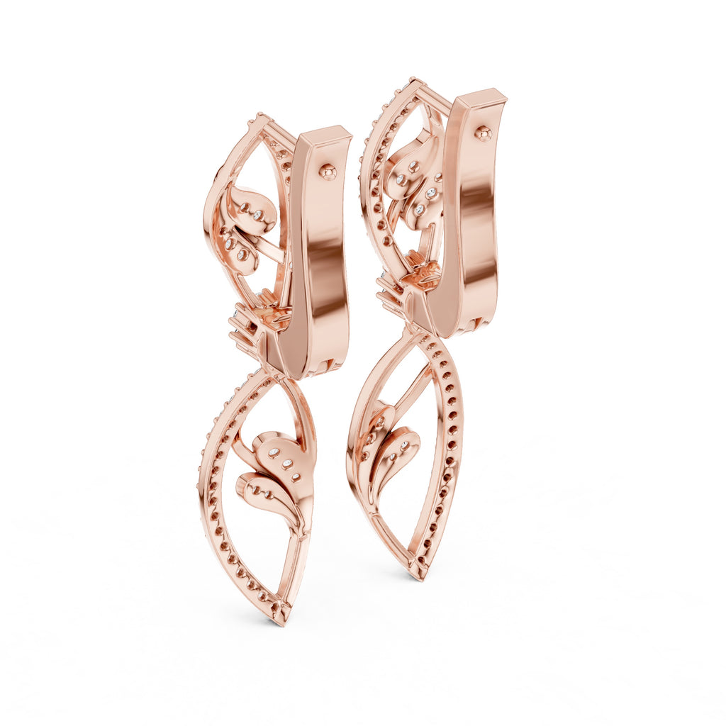 Rose gold earrings with diamonds on a white background