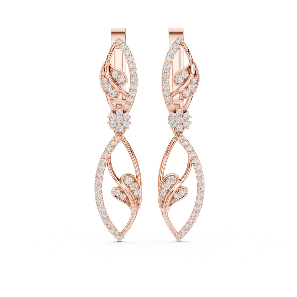 Rose gold earrings with diamond accents on a white background