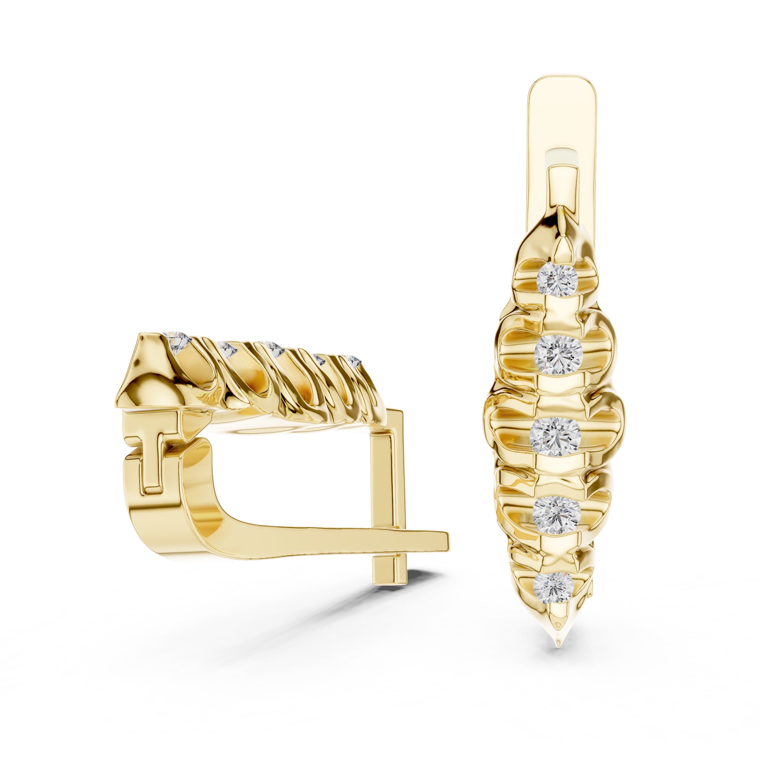 Yellow gold hoop earrings with diamond accents on a white background