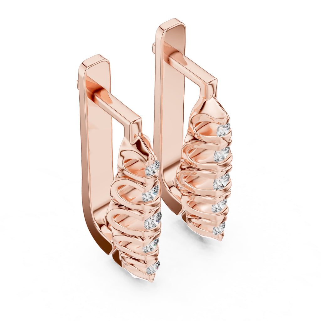 Rose gold hoop earrings with diamond accents on a white background