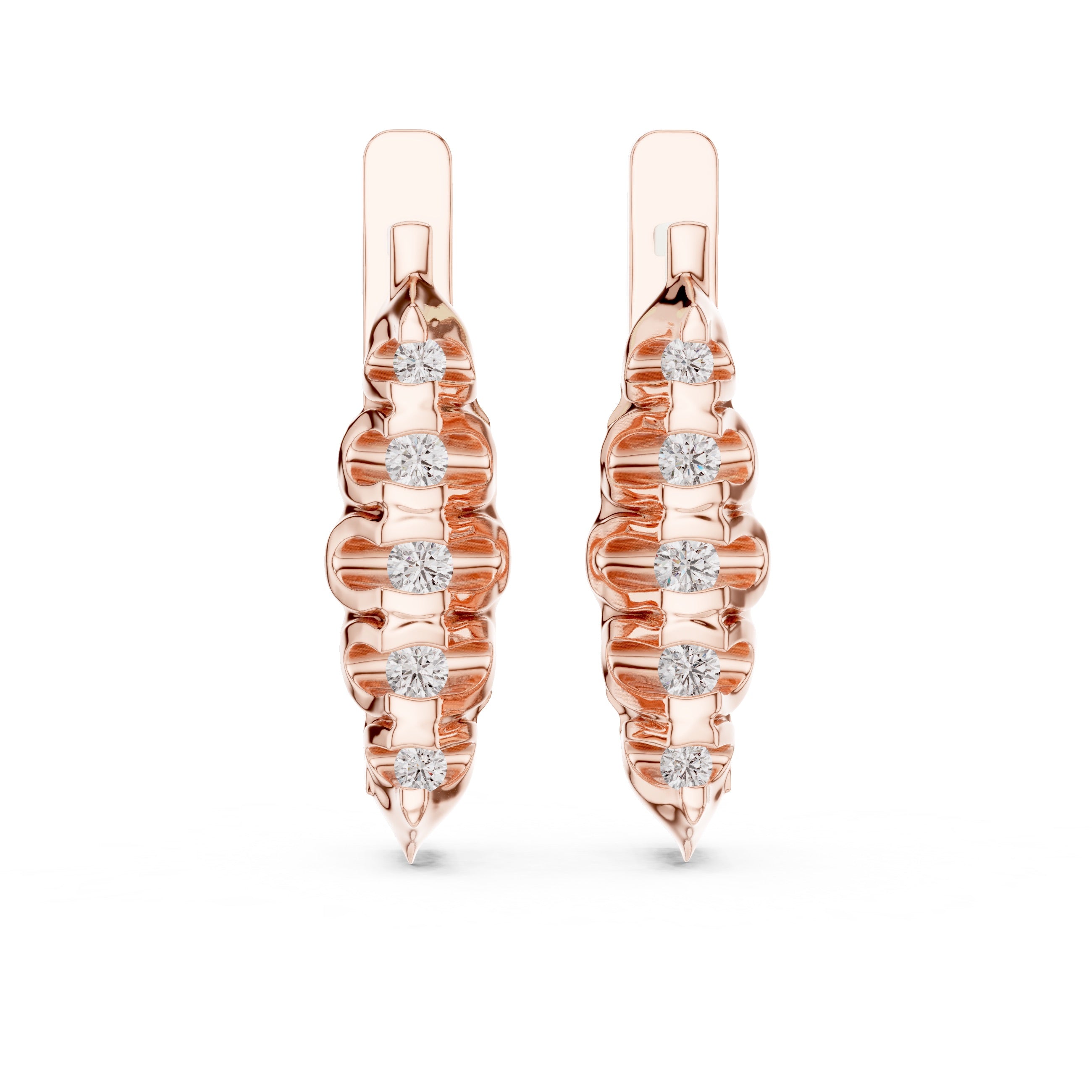 Rose gold earrings with diamond accents on a white background