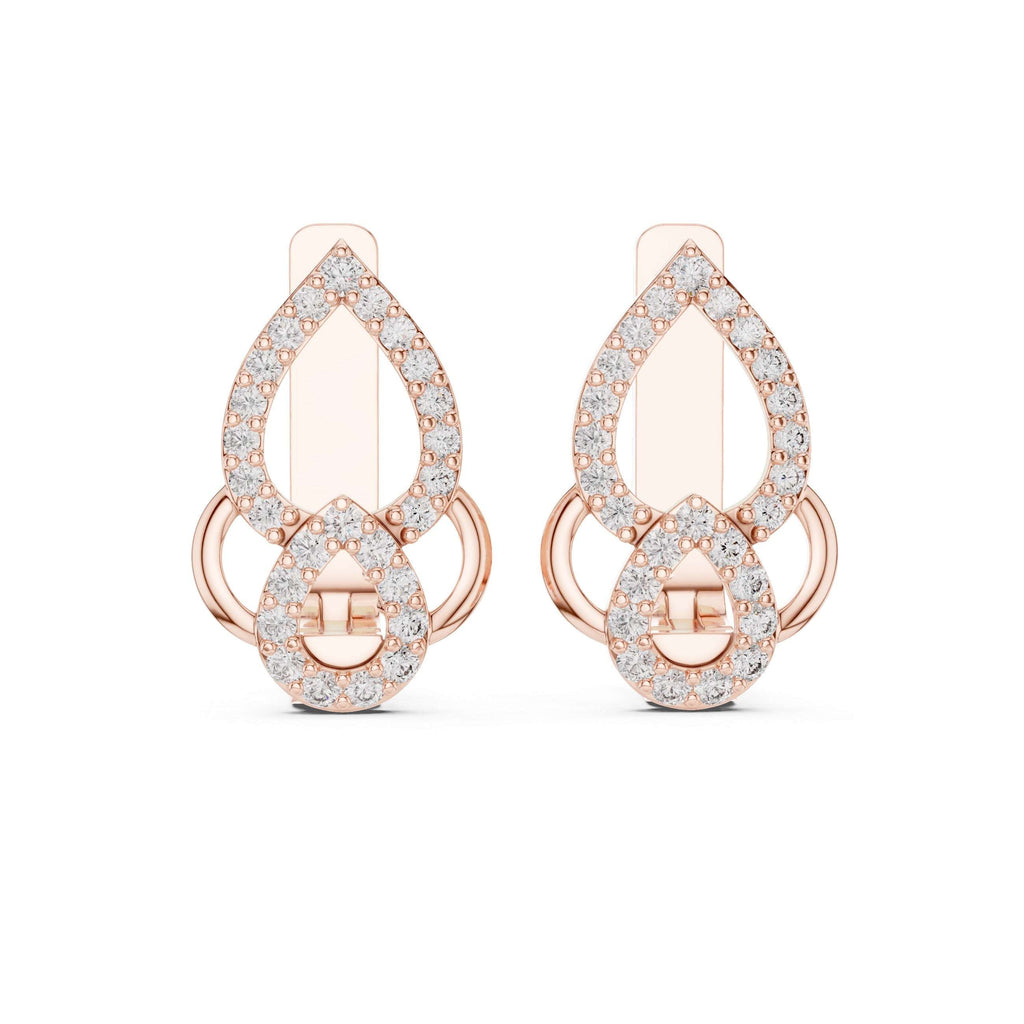 Rose gold earrings with diamond accents on a white background