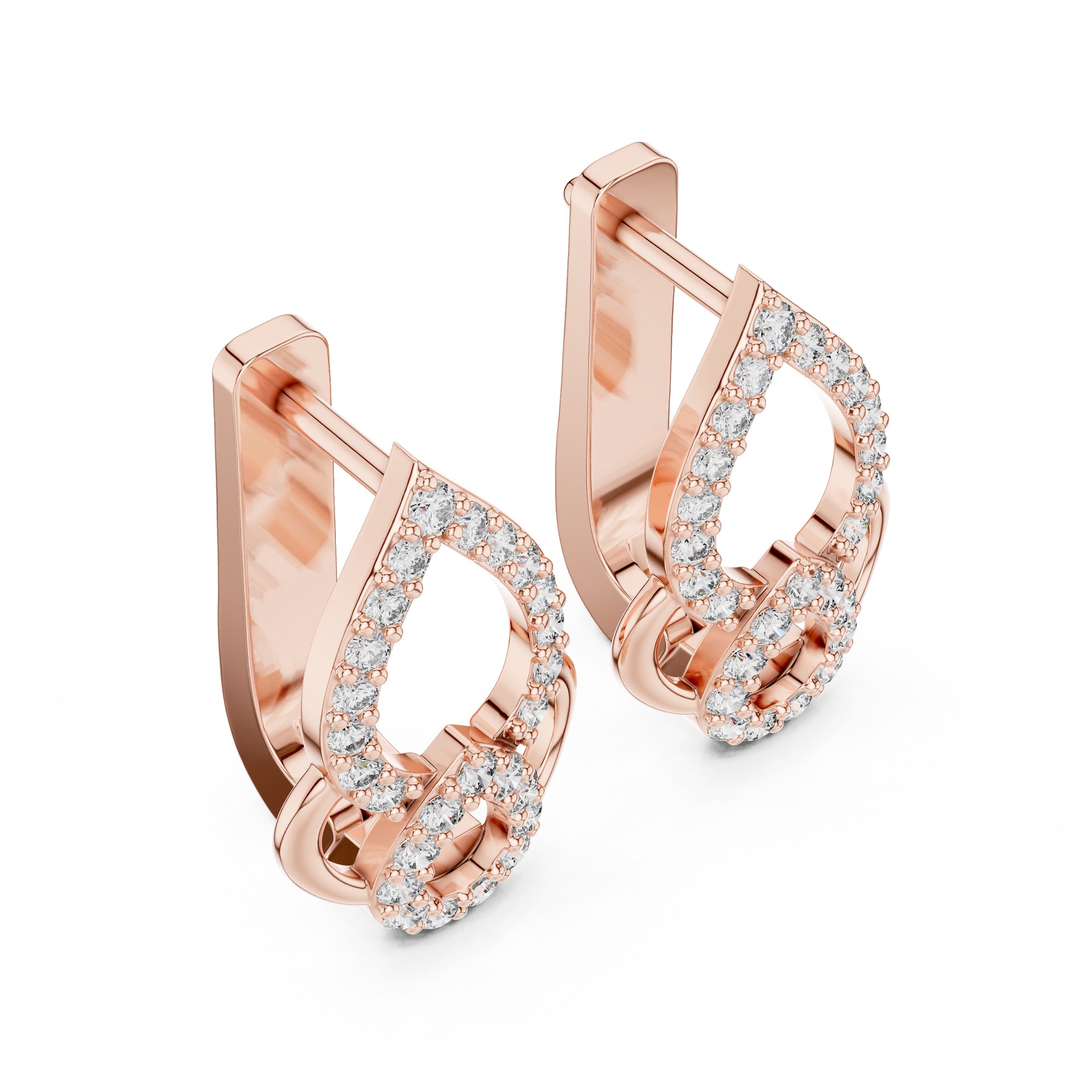 Rose gold hoop earrings with clear diamonds on a white background