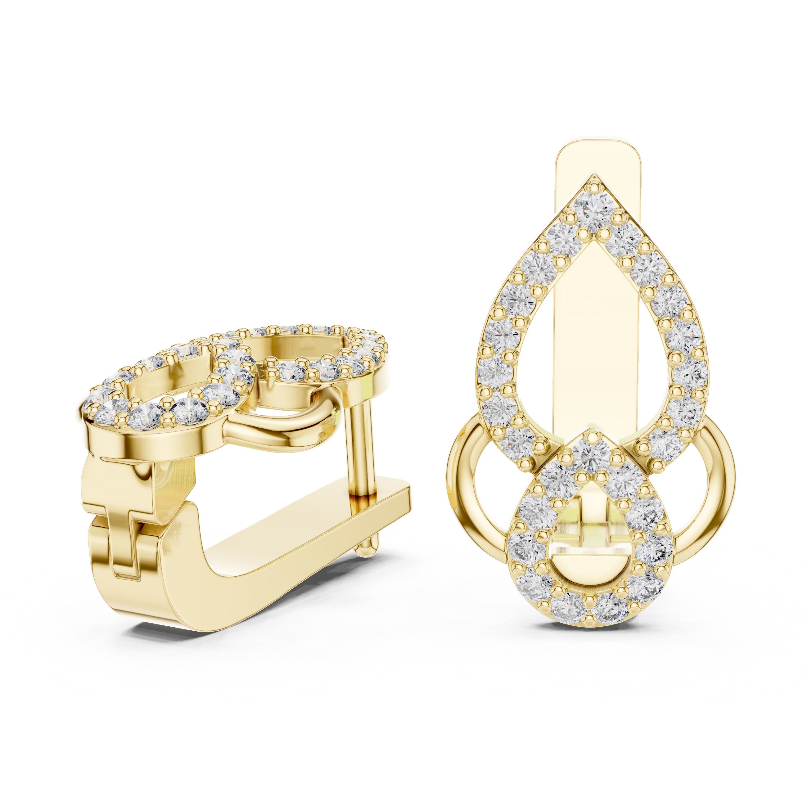 Yellow gold hoop earrings with diamond accents on a white background