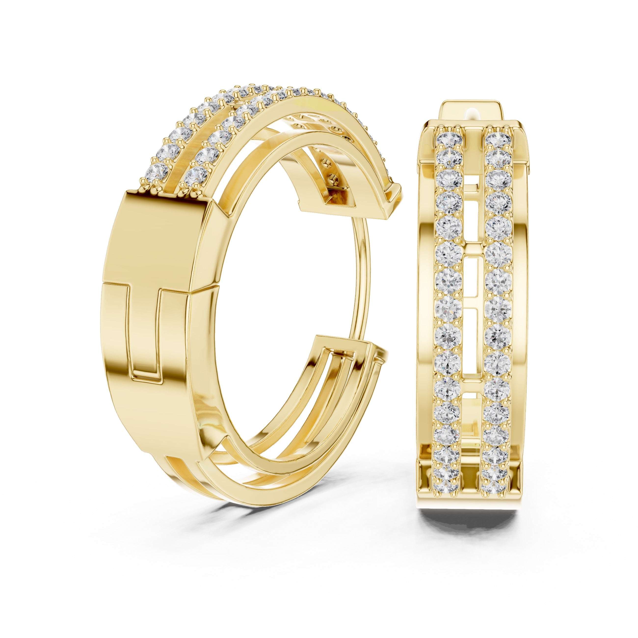 Yellow gold hoop earrings with diamond accents on a white background