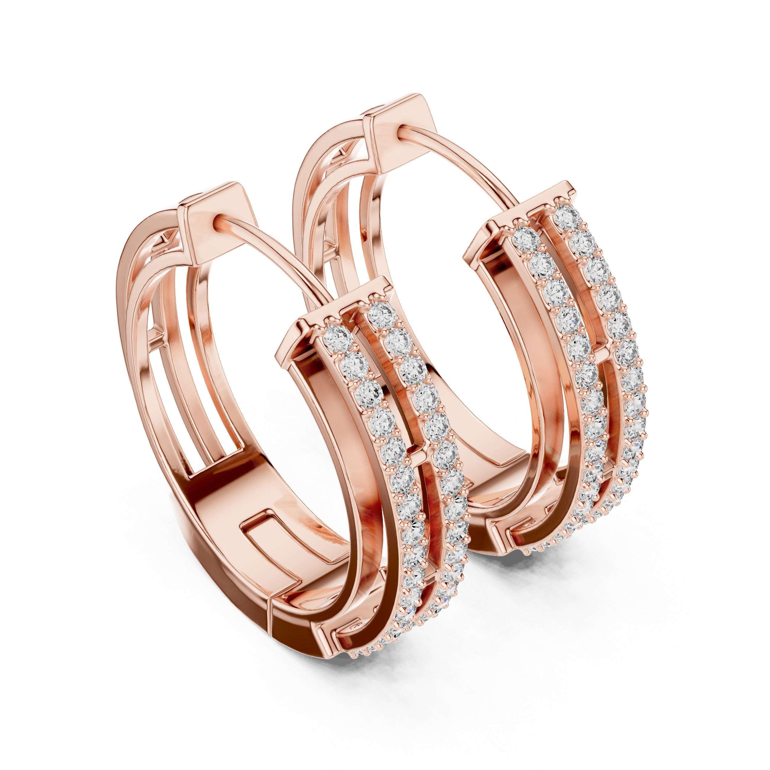 Rose gold hoop earrings with diamond accents on a white background
