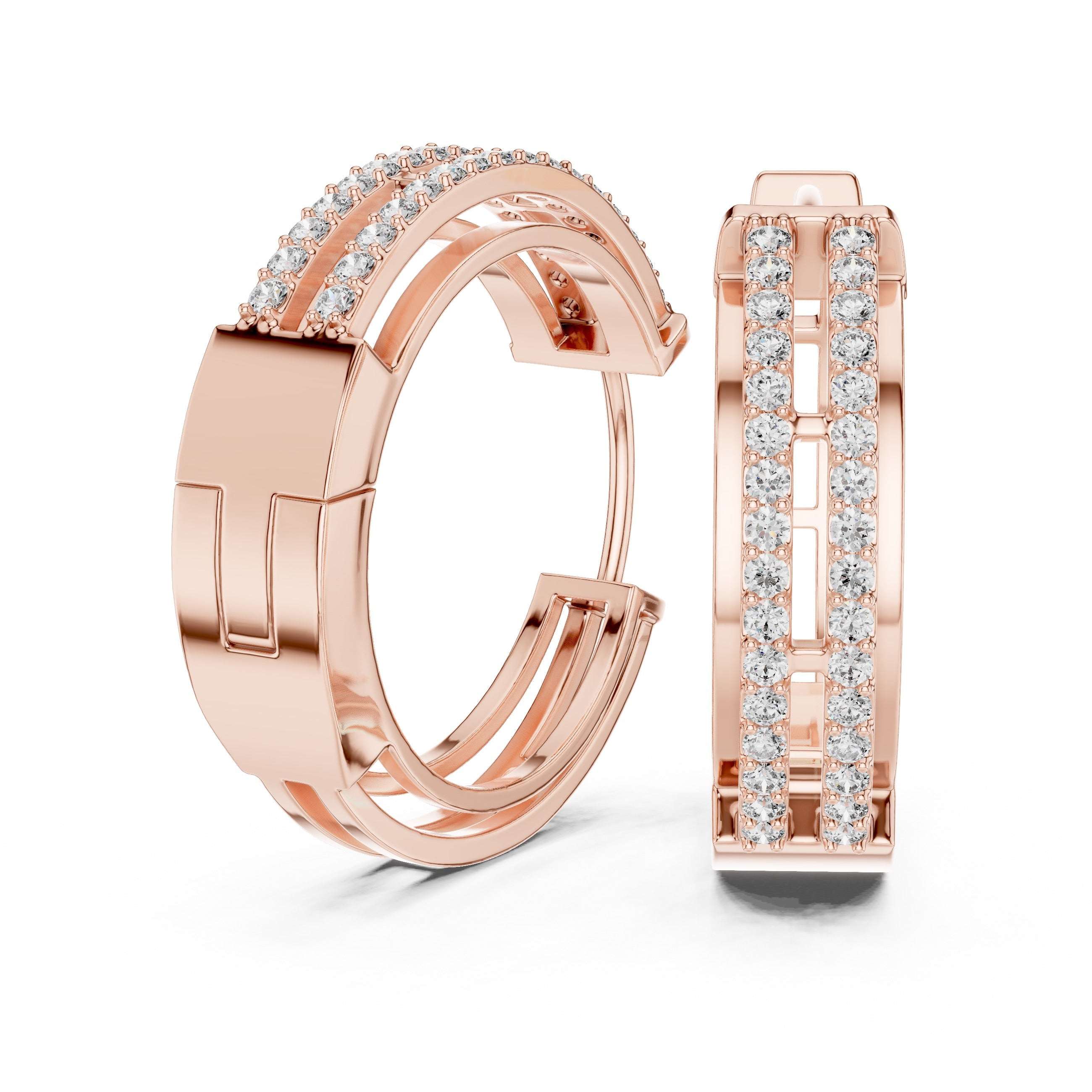 Rose gold hoop earrings with diamond accents on a white background