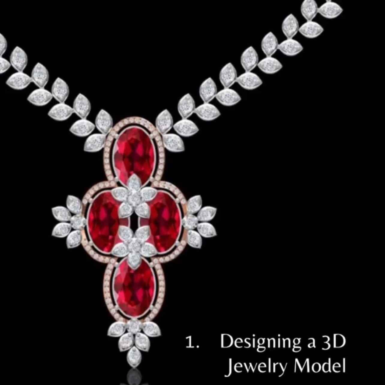 Luxury necklace with red gemstones and diamonds on a black background